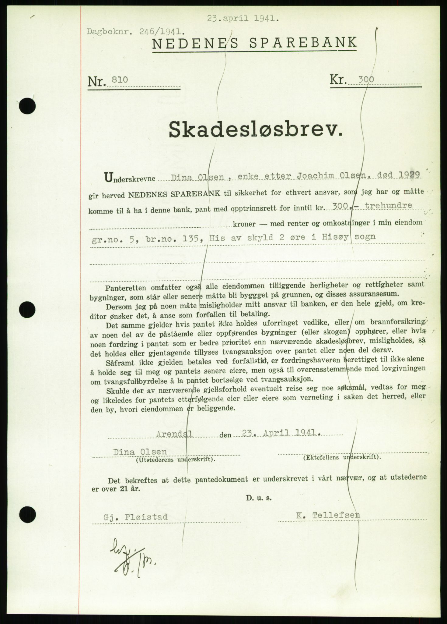 Nedenes sorenskriveri, SAK/1221-0006/G/Gb/Gbb/L0001: Pantebok nr. I, 1939-1942, Dagboknr: 246/1941
