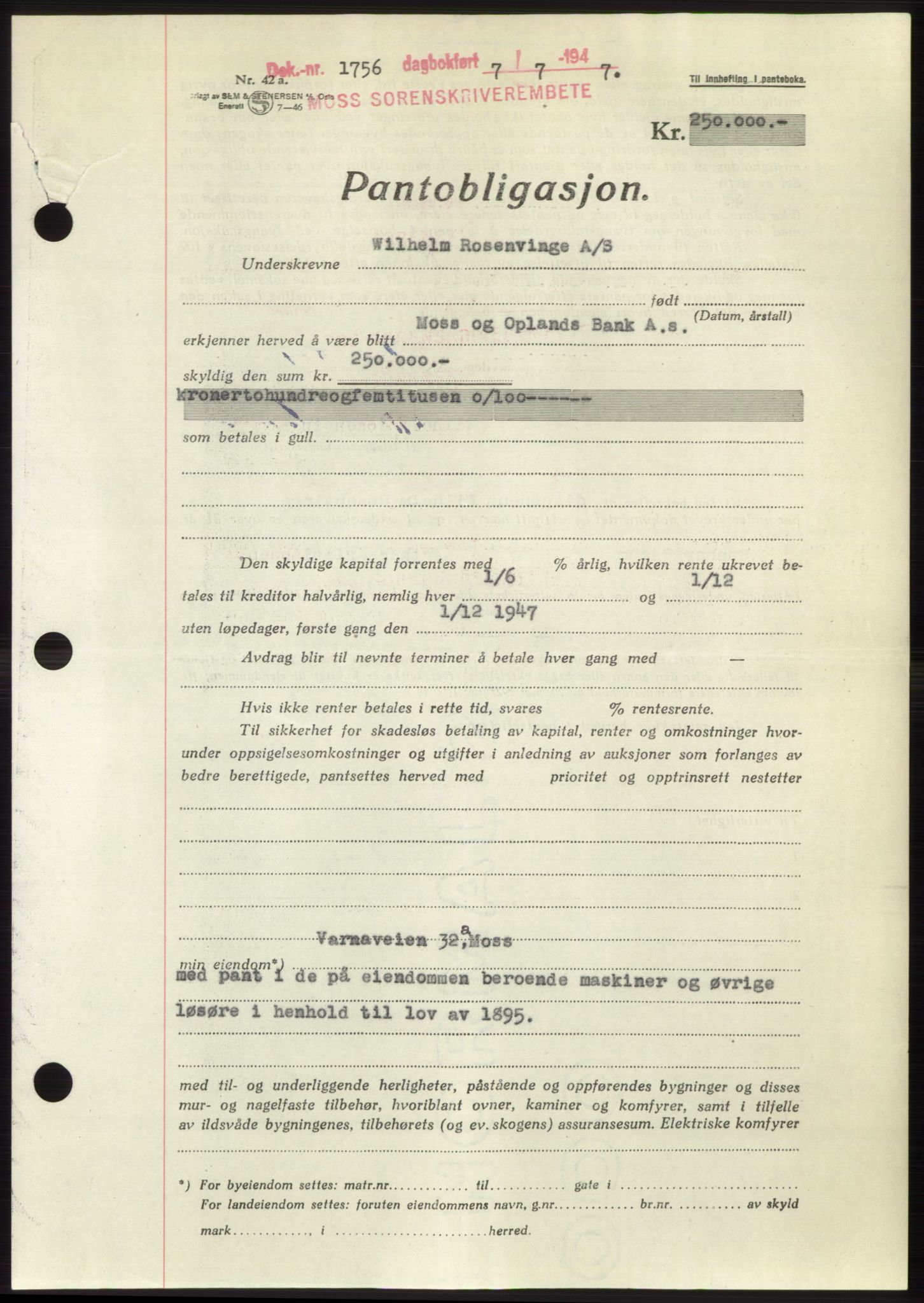 Moss sorenskriveri, SAO/A-10168: Pantebok nr. B17, 1947-1947, Dagboknr: 1756/1947