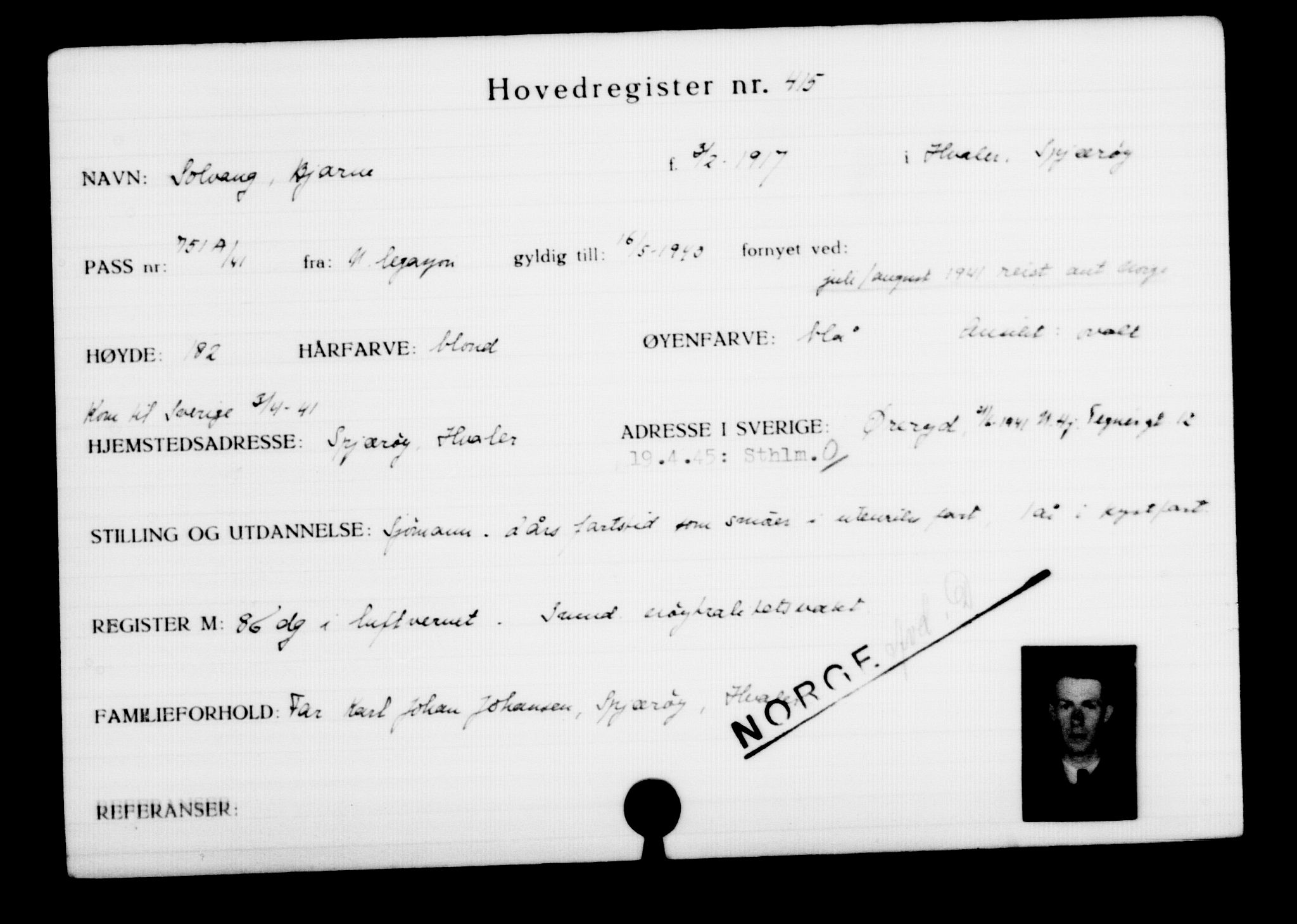 Utenriksstasjonene, Legasjonen i Stockholm, Flyktningkontoret, AV/RA-S-6753/V/Va/L0001: Kjesäterkartoteket, flyktninger med registreringsnr. 1-1000, 1940-1945, s. 650