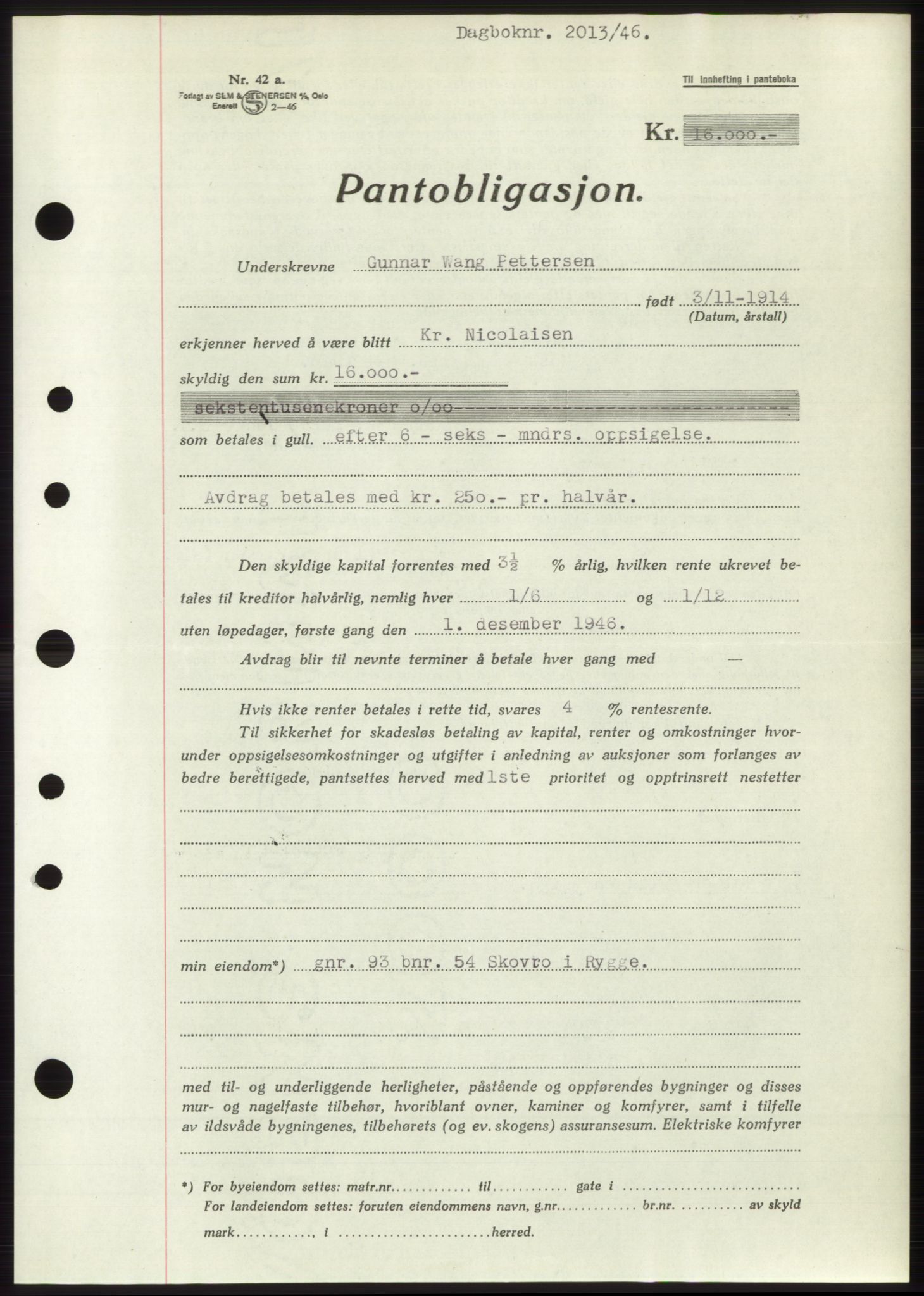 Moss sorenskriveri, SAO/A-10168: Pantebok nr. B15, 1946-1946, Dagboknr: 2013/1946