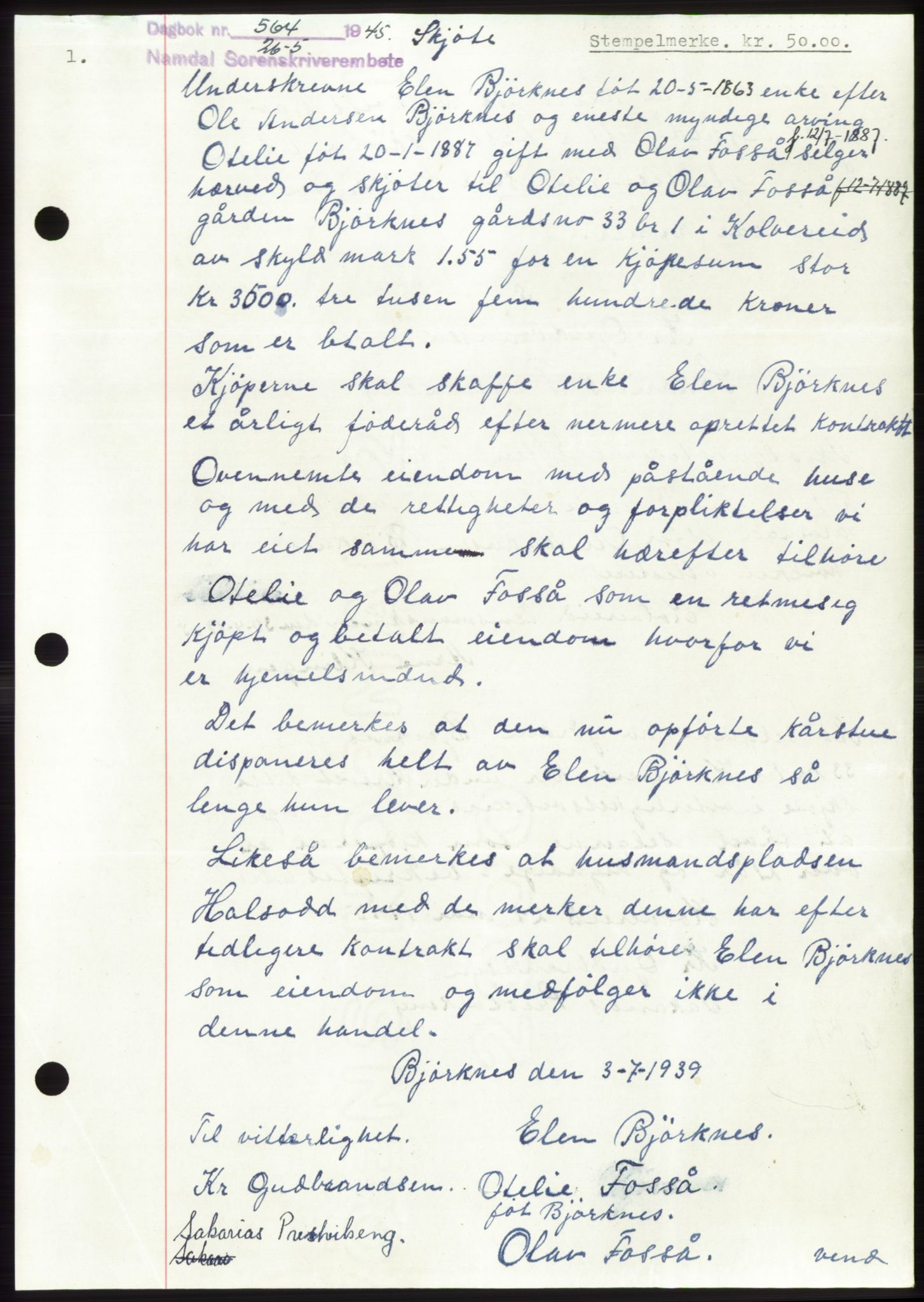 Namdal sorenskriveri, SAT/A-4133/1/2/2C: Pantebok nr. -, 1944-1945, Dagboknr: 564/1945