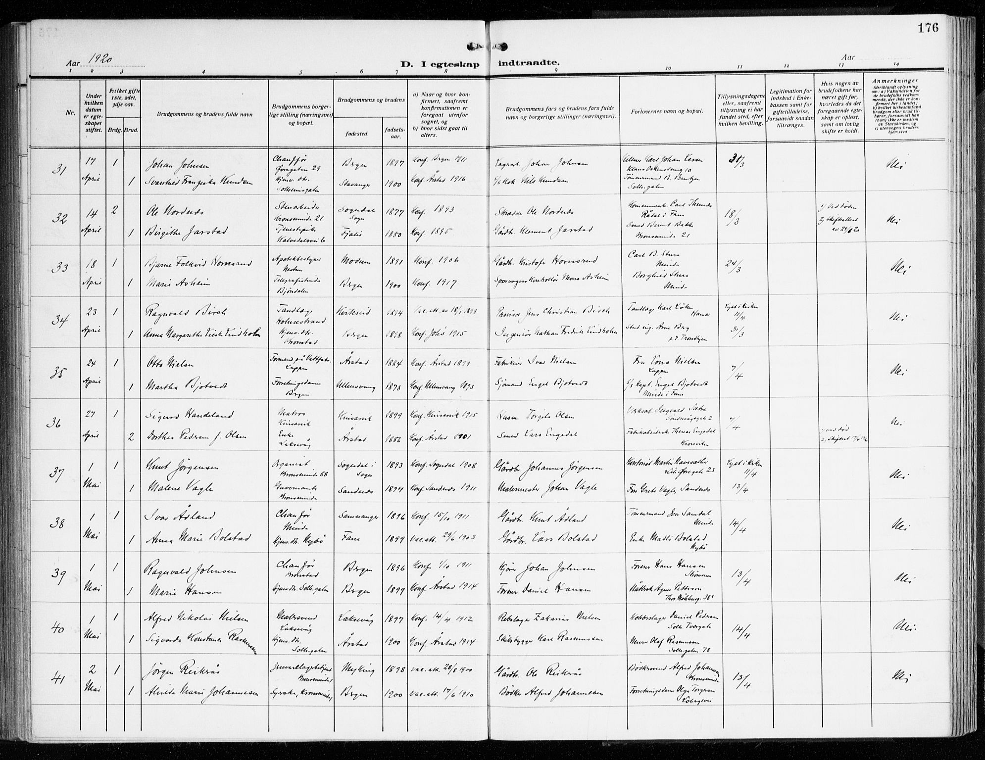 Årstad Sokneprestembete, AV/SAB-A-79301/H/Haa/L0004: Ministerialbok nr. A 4, 1919-1928, s. 176