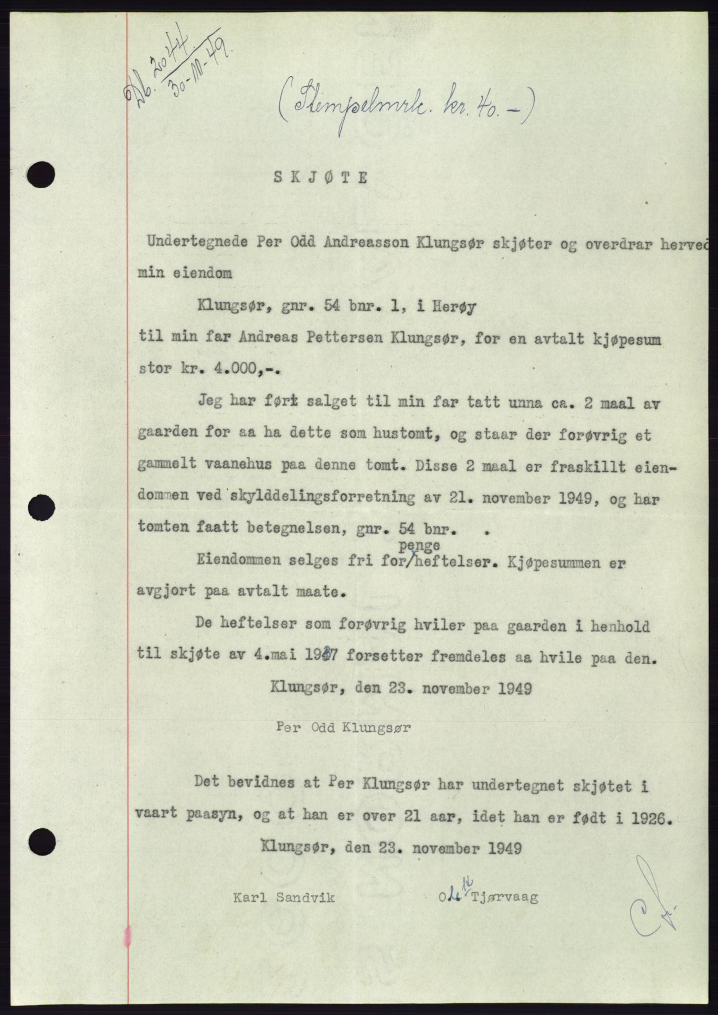 Søre Sunnmøre sorenskriveri, SAT/A-4122/1/2/2C/L0085: Pantebok nr. 11A, 1949-1949, Dagboknr: 2044/1949