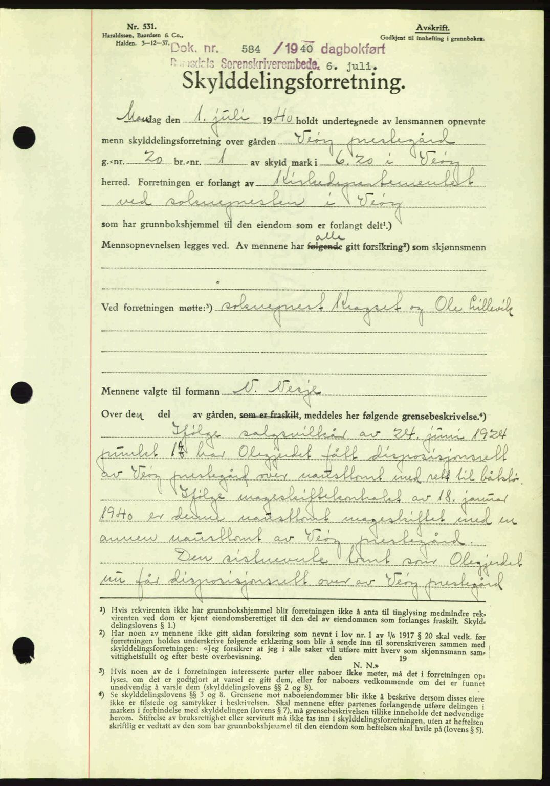 Romsdal sorenskriveri, AV/SAT-A-4149/1/2/2C: Pantebok nr. A8, 1939-1940, Dagboknr: 584/1940