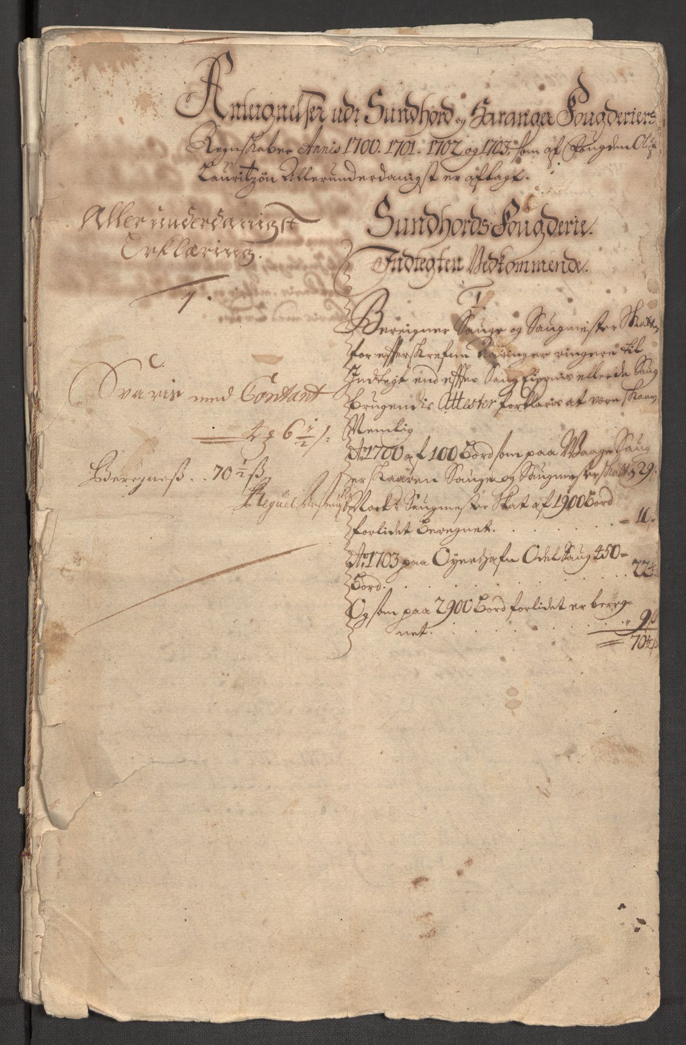 Rentekammeret inntil 1814, Reviderte regnskaper, Fogderegnskap, RA/EA-4092/R48/L2981: Fogderegnskap Sunnhordland og Hardanger, 1703, s. 262