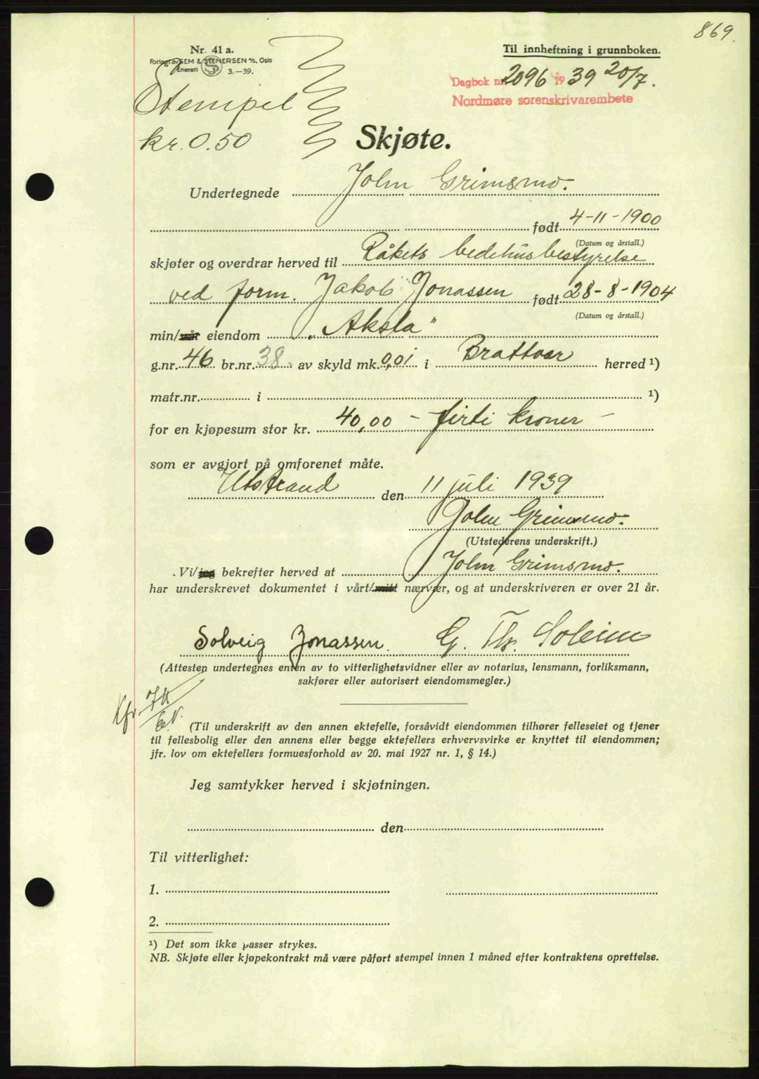 Nordmøre sorenskriveri, AV/SAT-A-4132/1/2/2Ca: Pantebok nr. A86, 1939-1939, Dagboknr: 2096/1939