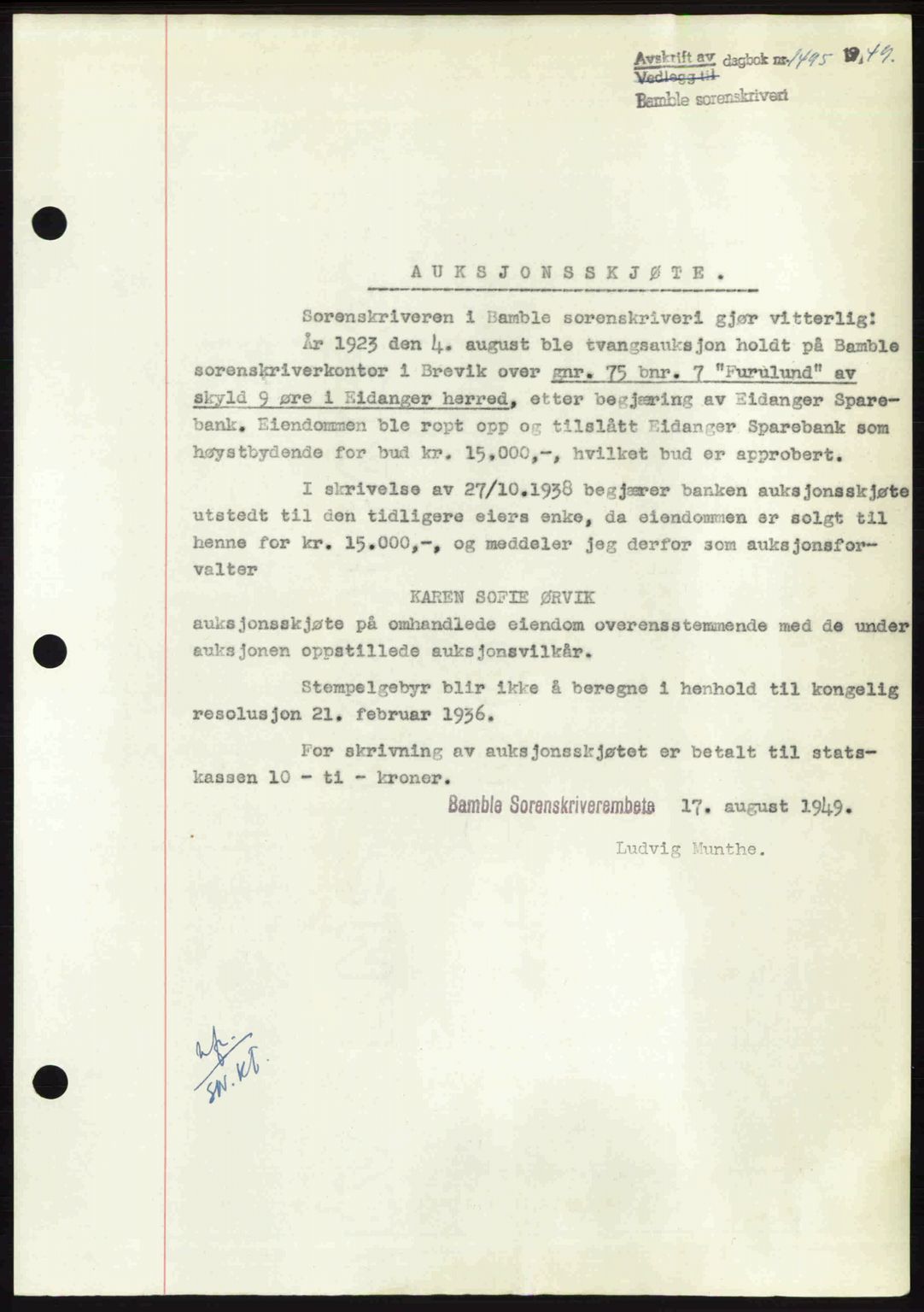 Bamble sorenskriveri, SAKO/A-214/G/Ga/Gag/L0015: Pantebok nr. A-15, 1949-1949, Dagboknr: 1495/1949