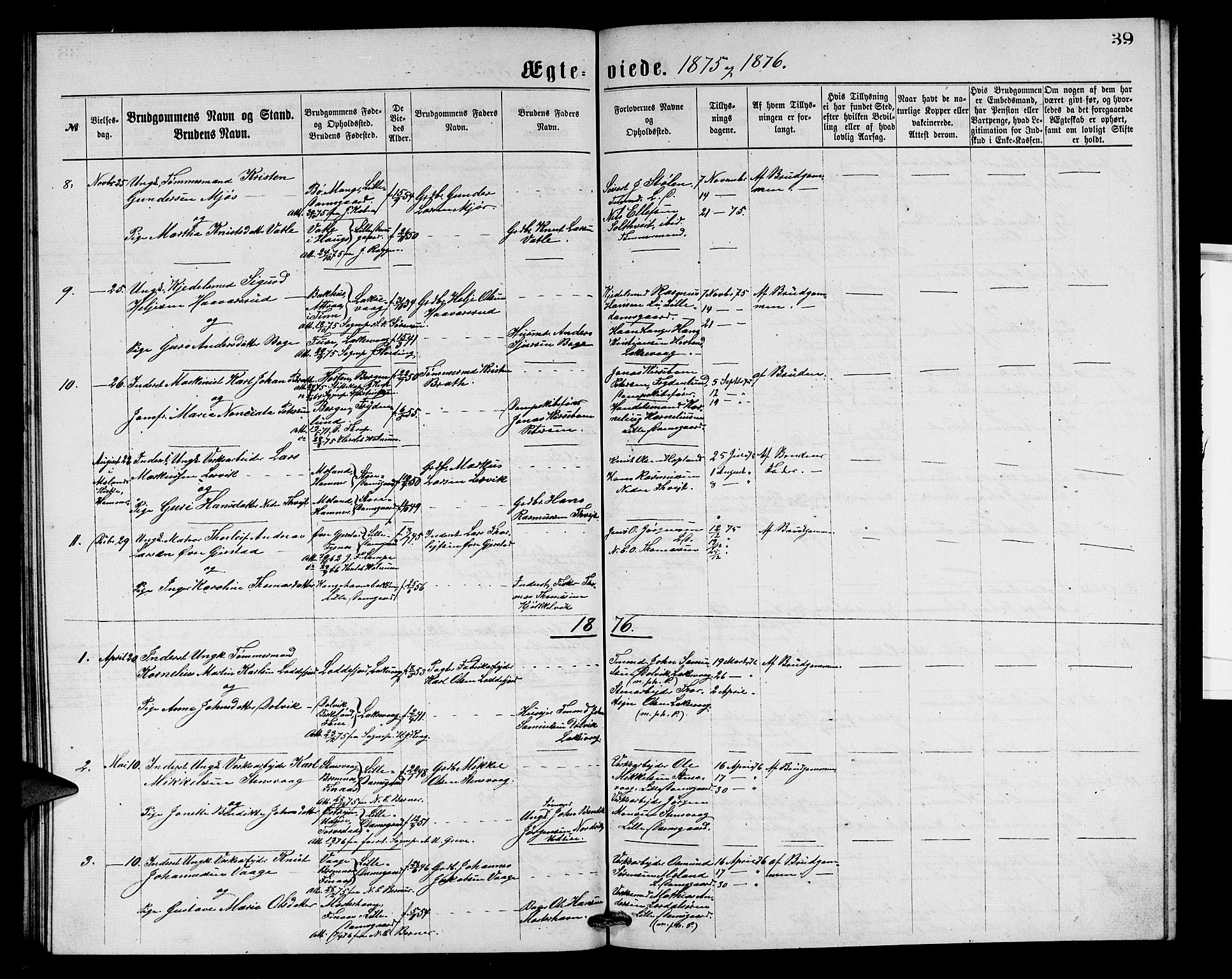 Laksevåg Sokneprestembete, AV/SAB-A-76501/H/Ha/Hab/Haba/L0001: Klokkerbok nr. A 1, 1875-1877, s. 39