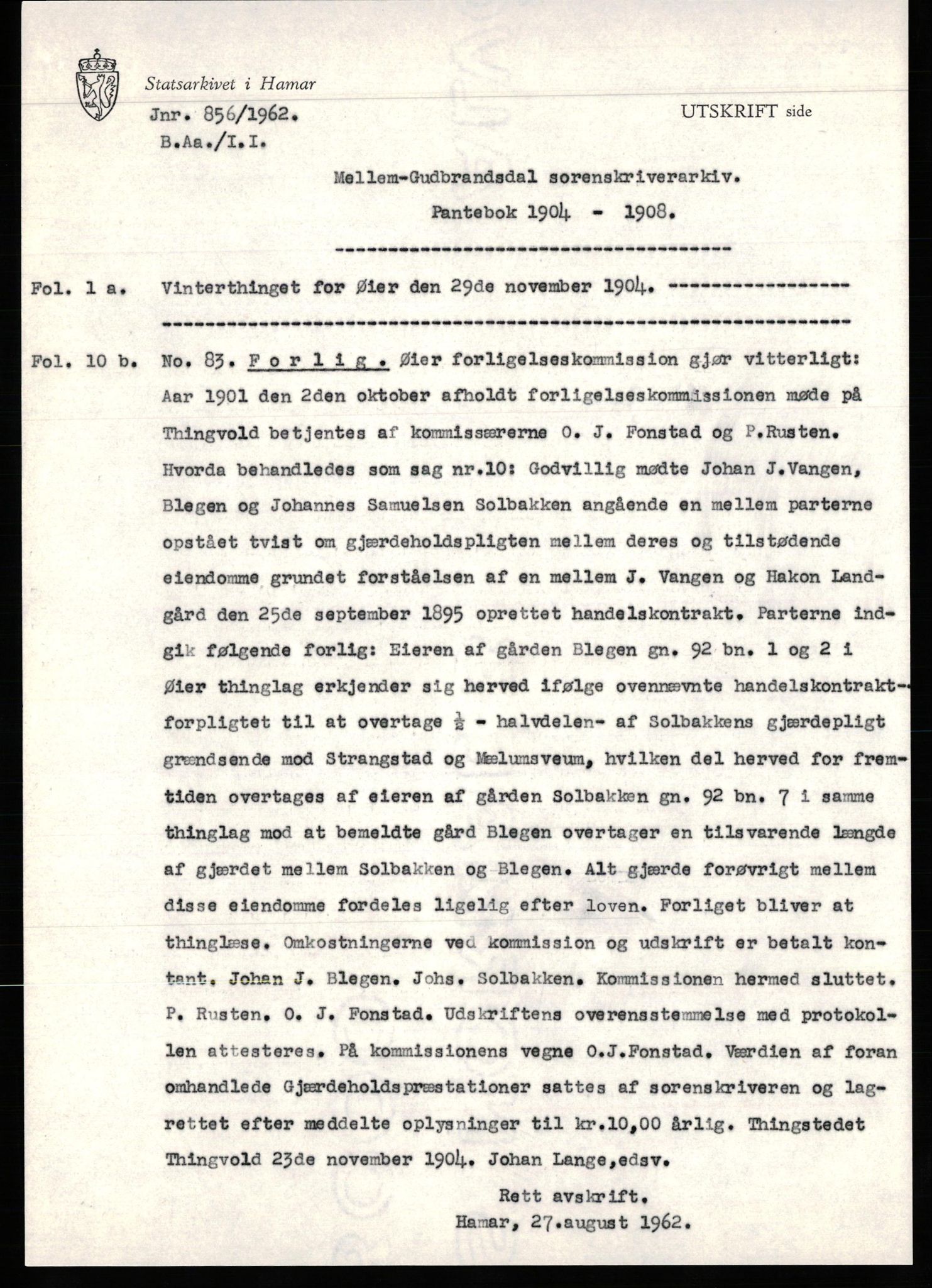 Avskriftssamlingen ved Statsarkivet i Hamar, AV/SAH-AVSKRIFT-001/H/Hd/Hda/L0014: Pantebok for Mellom-Gudbrandsdal (Øyer, Ringebu, Sør-Fron), 1904-1908