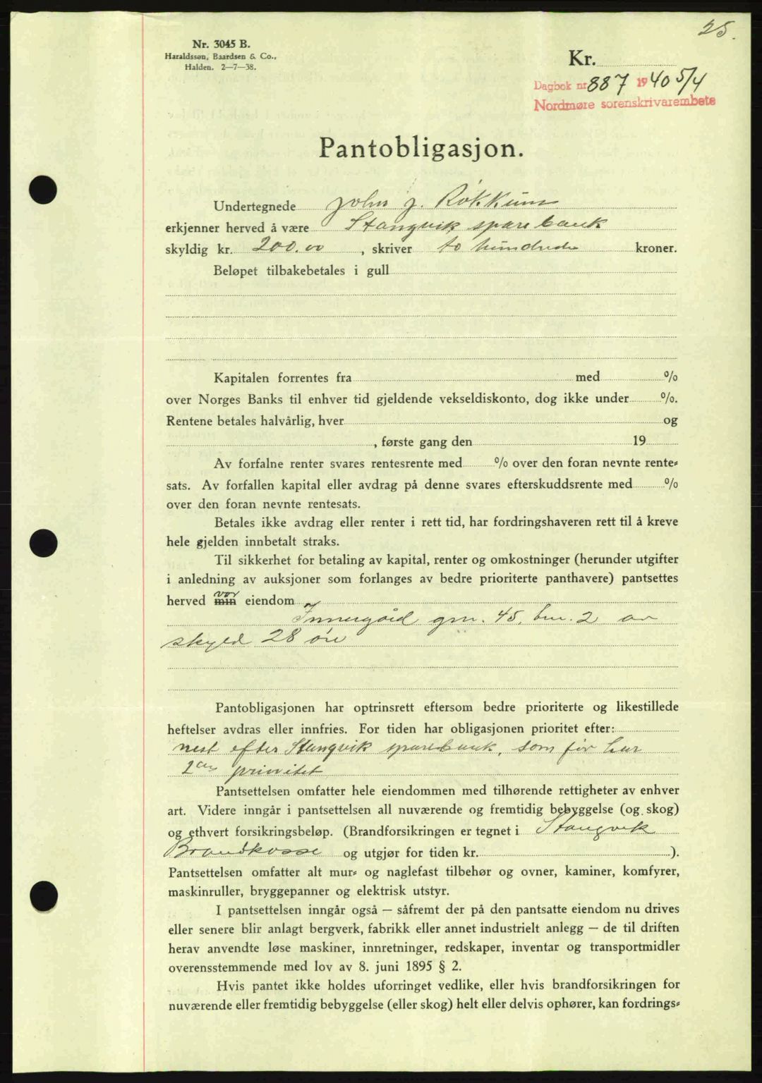 Nordmøre sorenskriveri, AV/SAT-A-4132/1/2/2Ca: Pantebok nr. B87, 1940-1941, Dagboknr: 887/1940