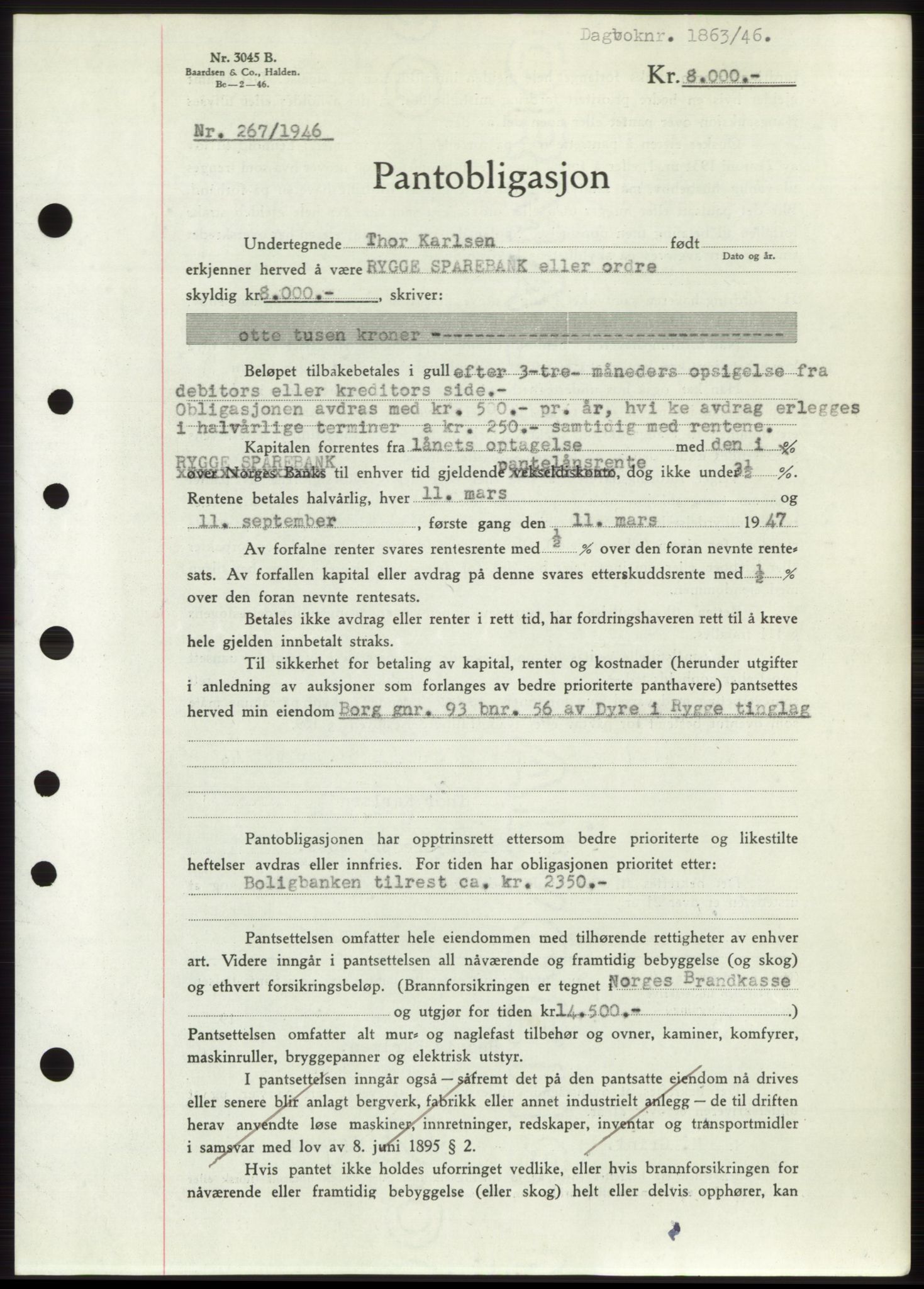 Moss sorenskriveri, SAO/A-10168: Pantebok nr. B15, 1946-1946, Dagboknr: 1863/1946
