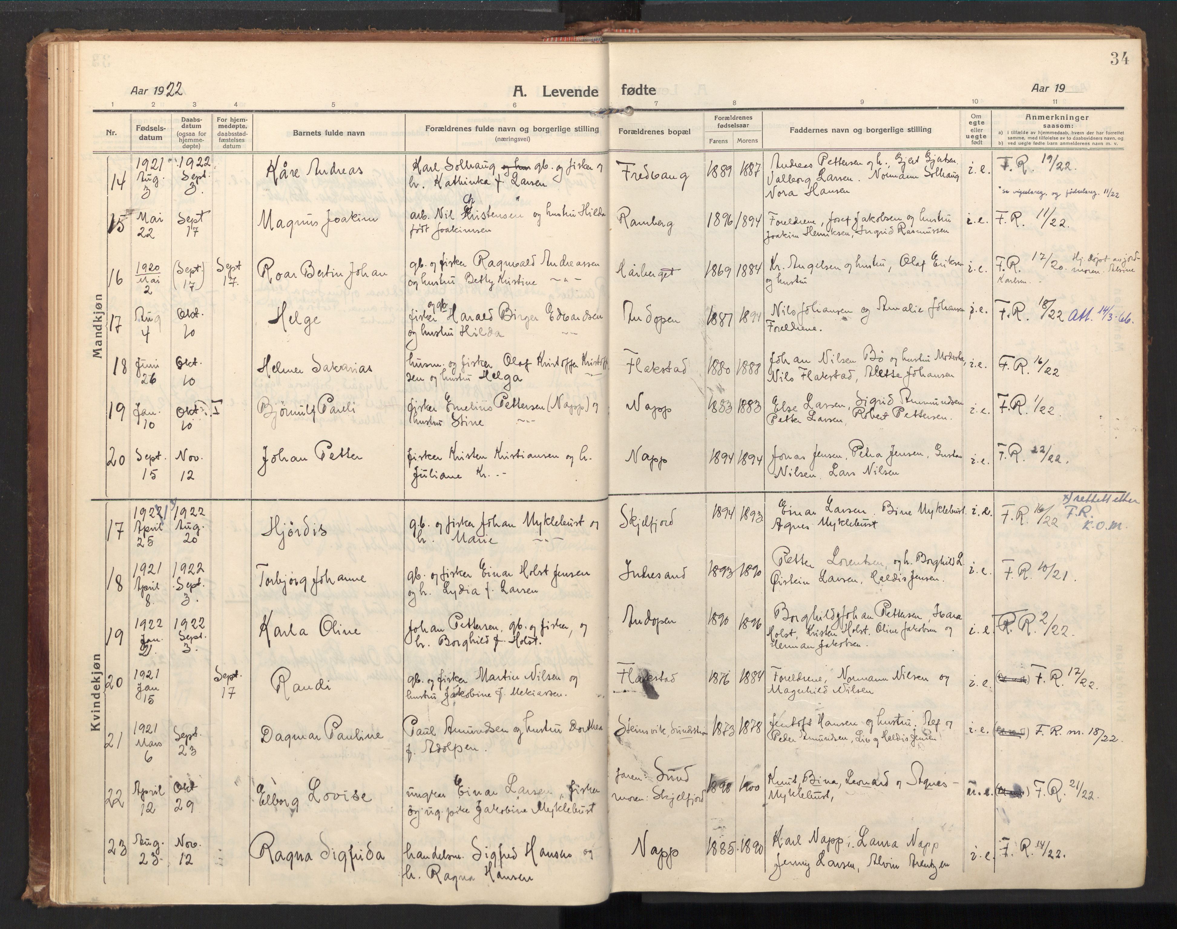 Ministerialprotokoller, klokkerbøker og fødselsregistre - Nordland, AV/SAT-A-1459/885/L1210: Ministerialbok nr. 885A10, 1916-1926, s. 34