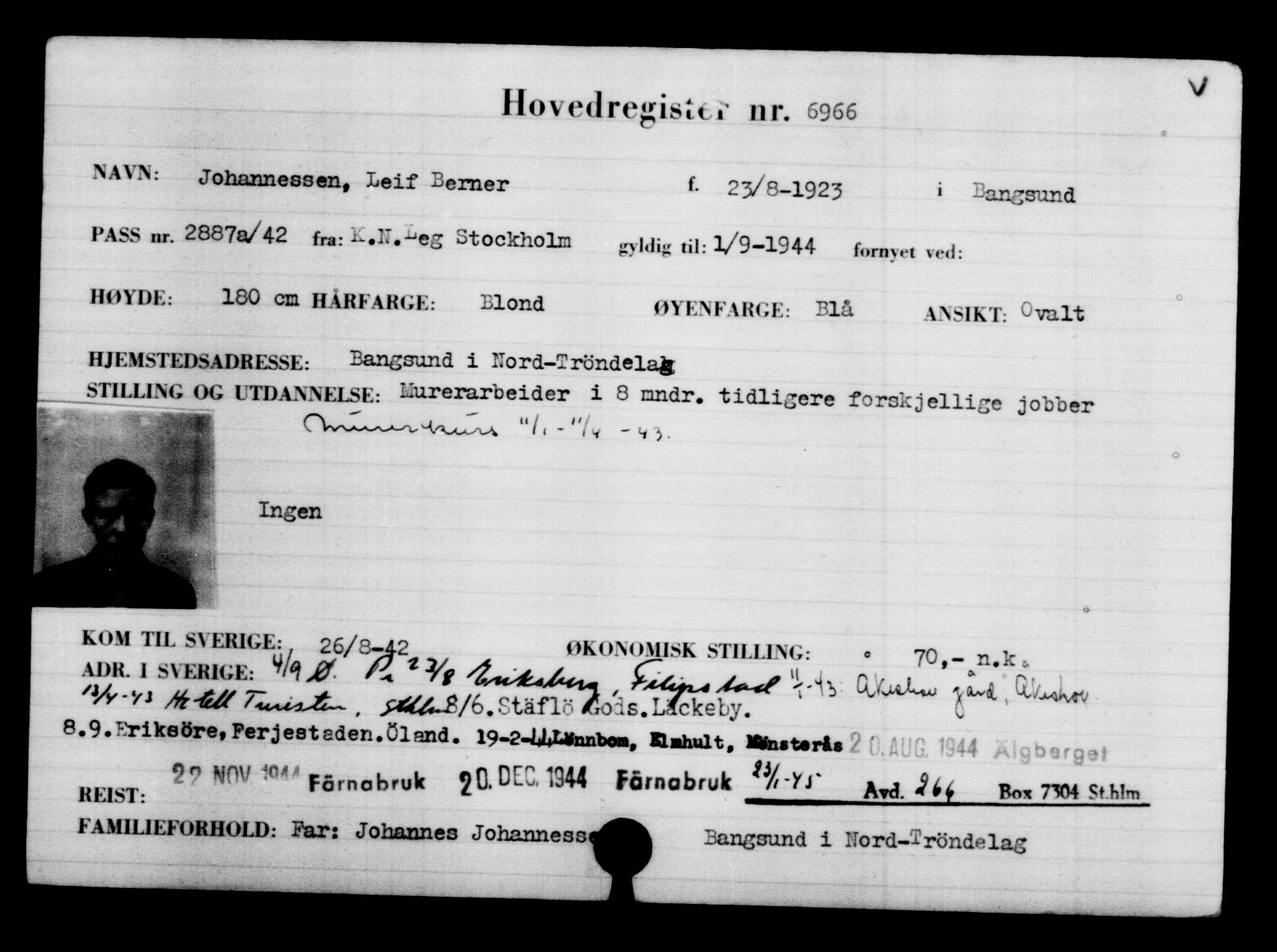 Utenriksstasjonene, Legasjonen i Stockholm, Flyktningkontoret, AV/RA-S-6753/V/Va/L0005: Kjesäterkartoteket, flyktning nr. 6600-9417, 1940-1945, s. 446