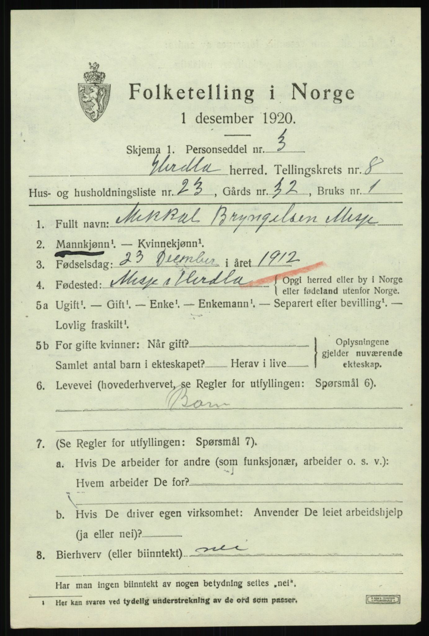 SAB, Folketelling 1920 for 1258 Herdla herred, 1920, s. 6067