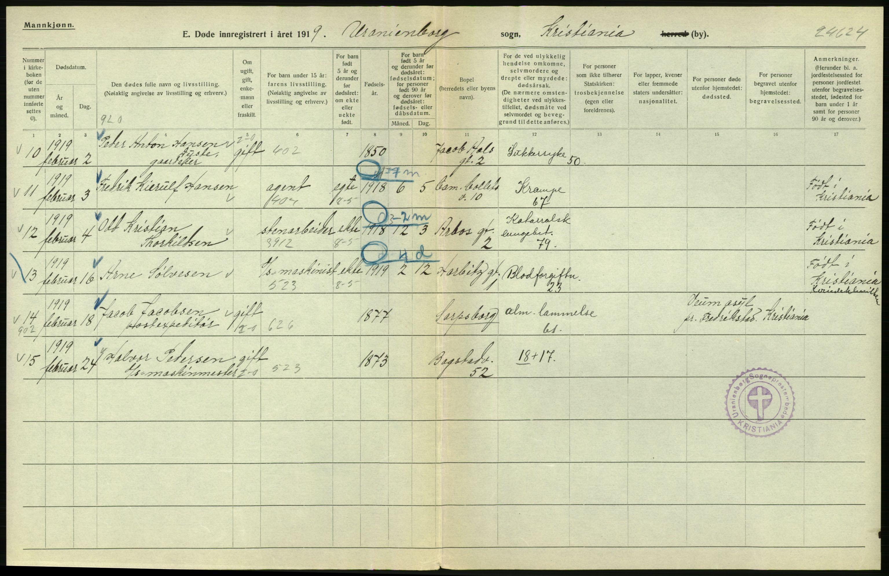 Statistisk sentralbyrå, Sosiodemografiske emner, Befolkning, AV/RA-S-2228/D/Df/Dfb/Dfbi/L0011: Kristiania: Døde, dødfødte, 1919