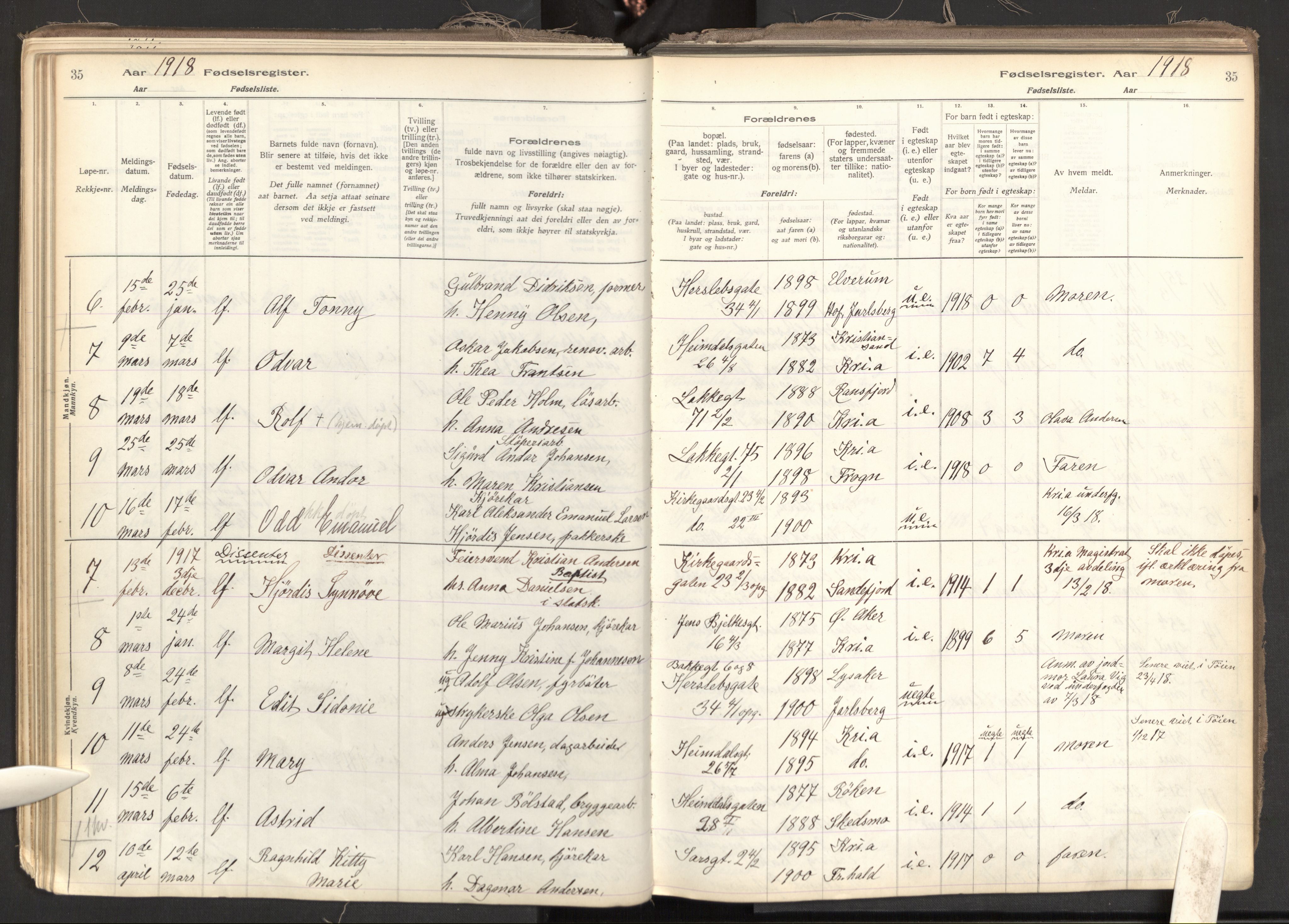 Tøyen prestekontor Kirkebøker, SAO/A-10167a/J/Ja/L0001: Fødselsregister nr. 1, 1916-1944, s. 35