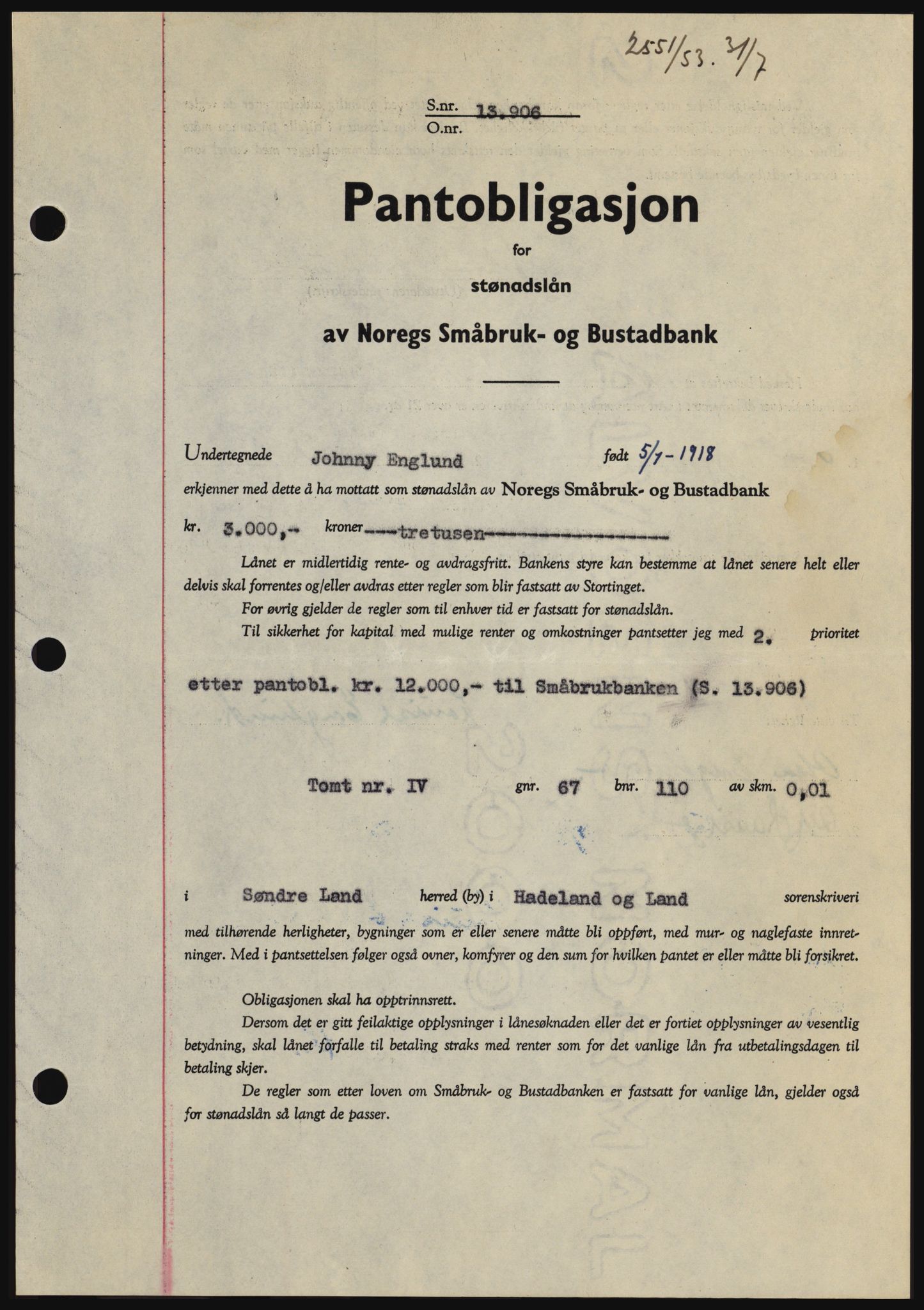 Hadeland og Land tingrett, SAH/TING-010/H/Hb/Hbc/L0027: Pantebok nr. B27, 1953-1953, Dagboknr: 2551/1953