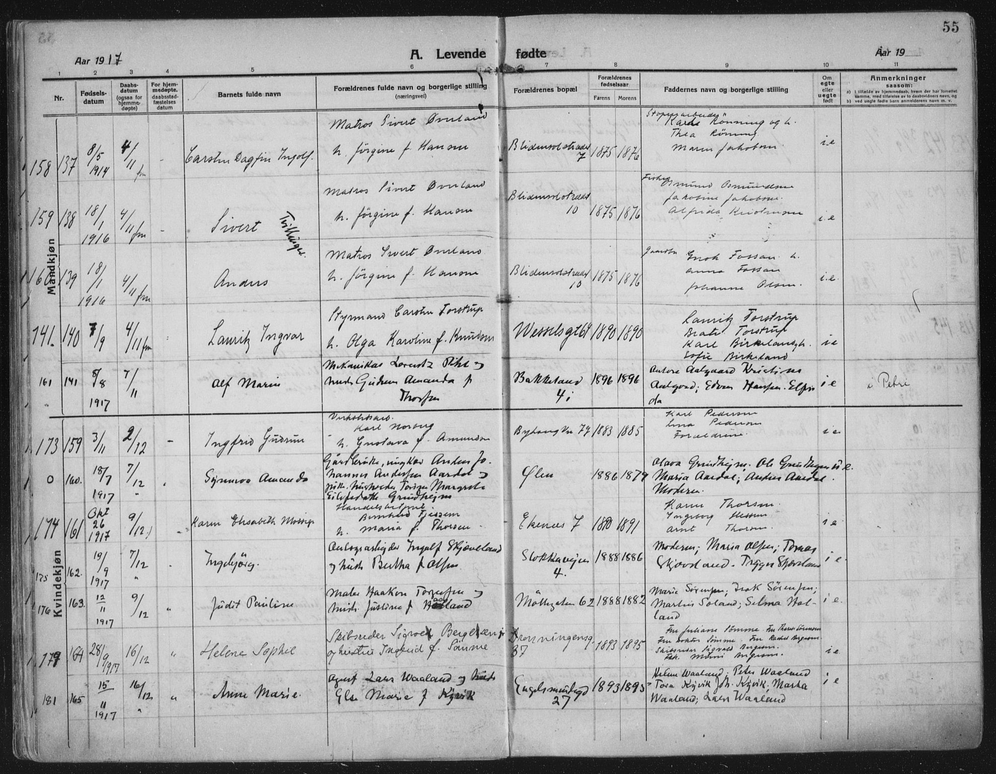 Domkirken sokneprestkontor, AV/SAST-A-101812/002/A/L0018: Ministerialbok nr. A 34, 1915-1929, s. 55