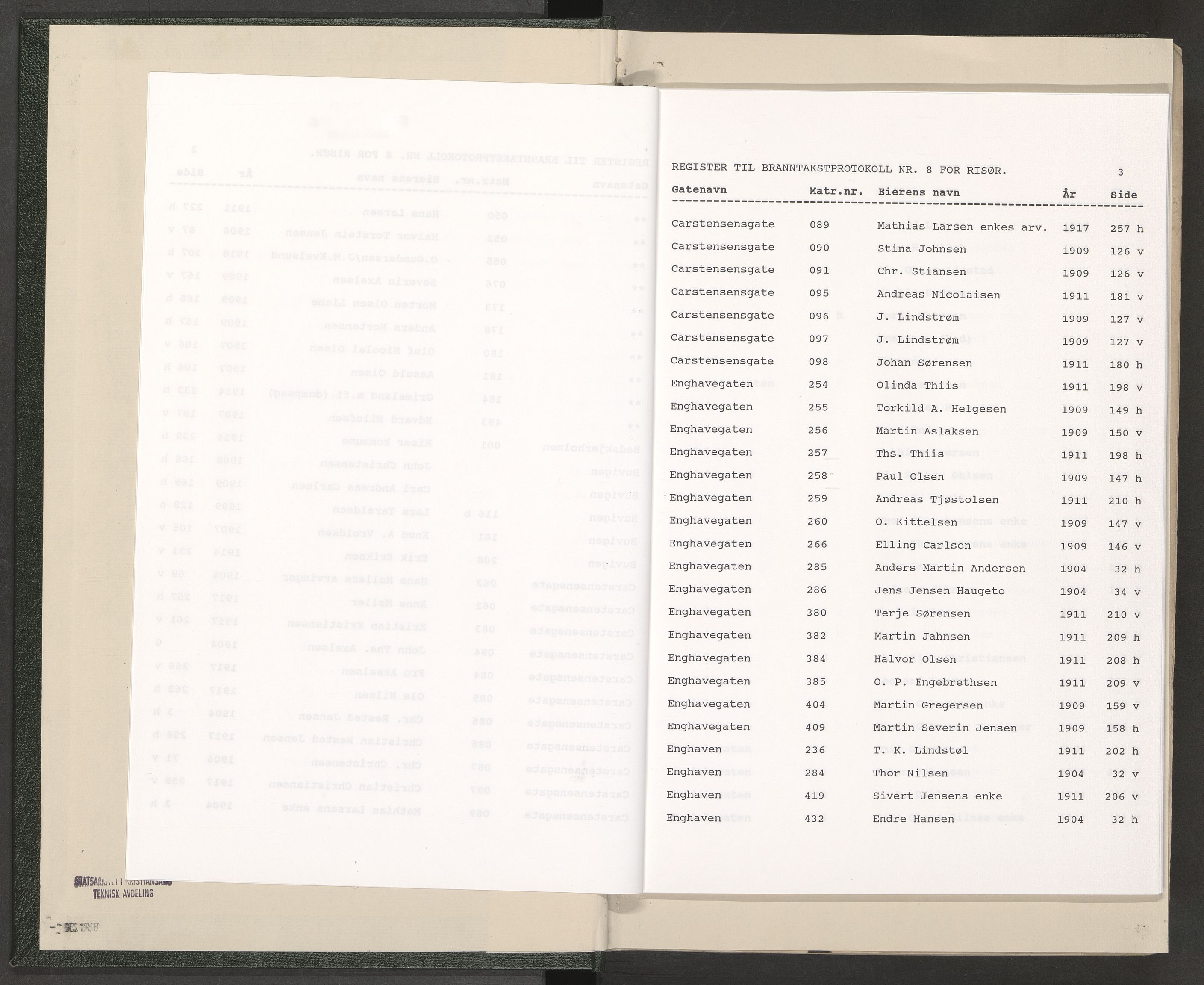 Norges Brannkasse Risør, AV/SAK-2241-0043/F/Fa/L0011: Branntakstprotokoll nr. 8 med gatenavnsregister, 1904-1918