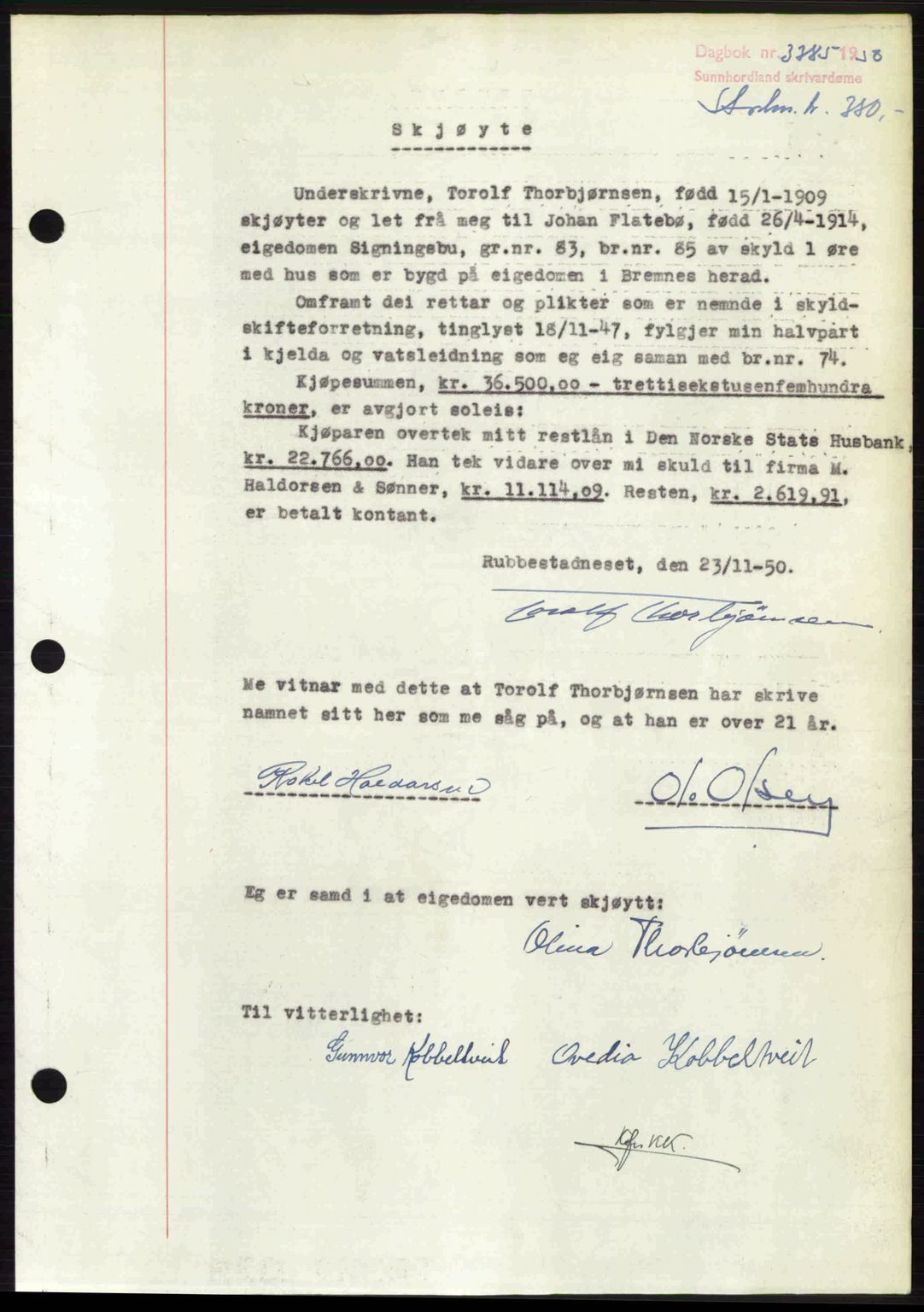 Sunnhordland sorenskrivar, AV/SAB-A-2401: Pantebok nr. A95, 1950-1950, Dagboknr: 3385/1950