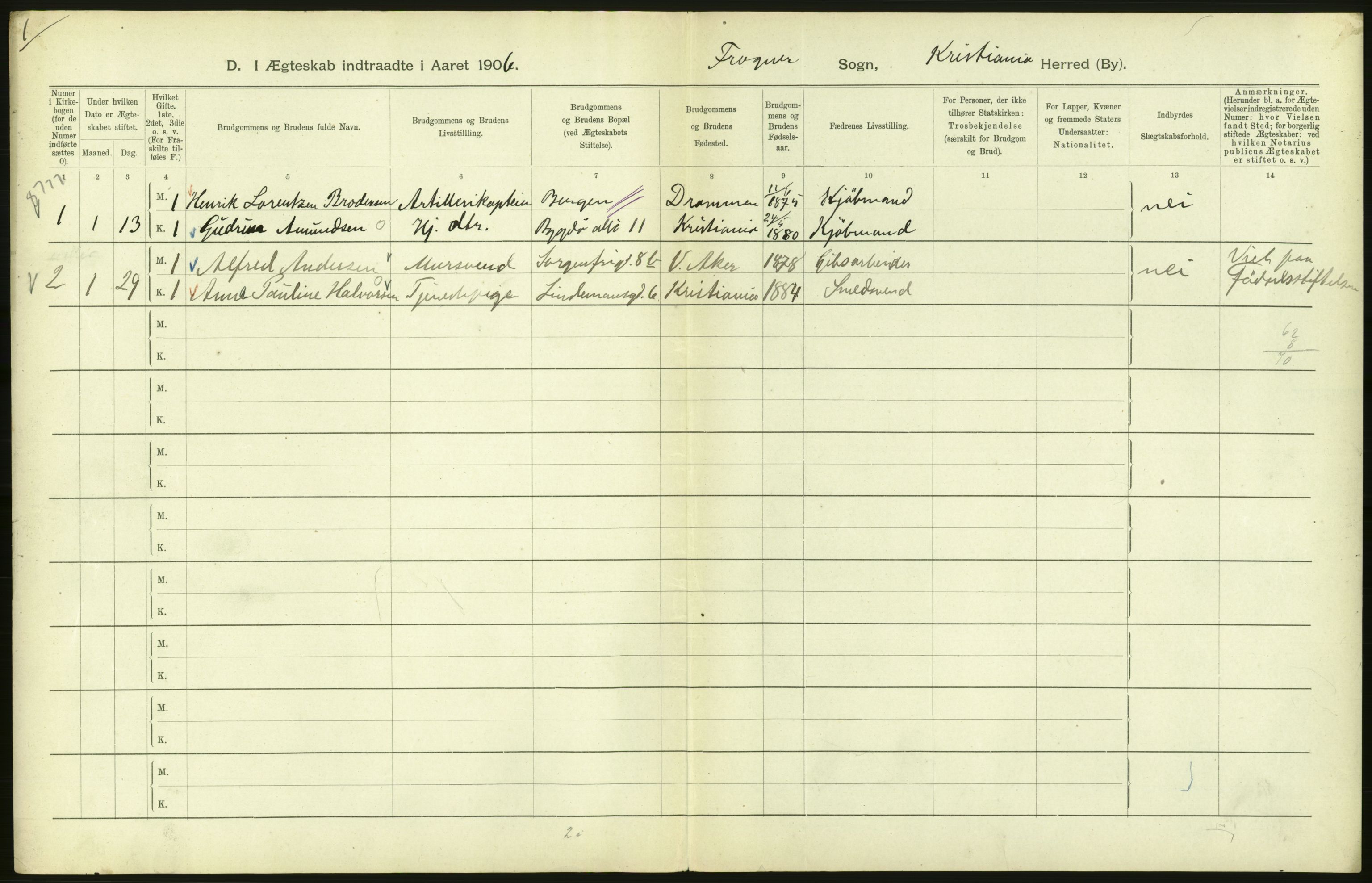 Statistisk sentralbyrå, Sosiodemografiske emner, Befolkning, AV/RA-S-2228/D/Df/Dfa/Dfad/L0008: Kristiania: Gifte, 1906, s. 490