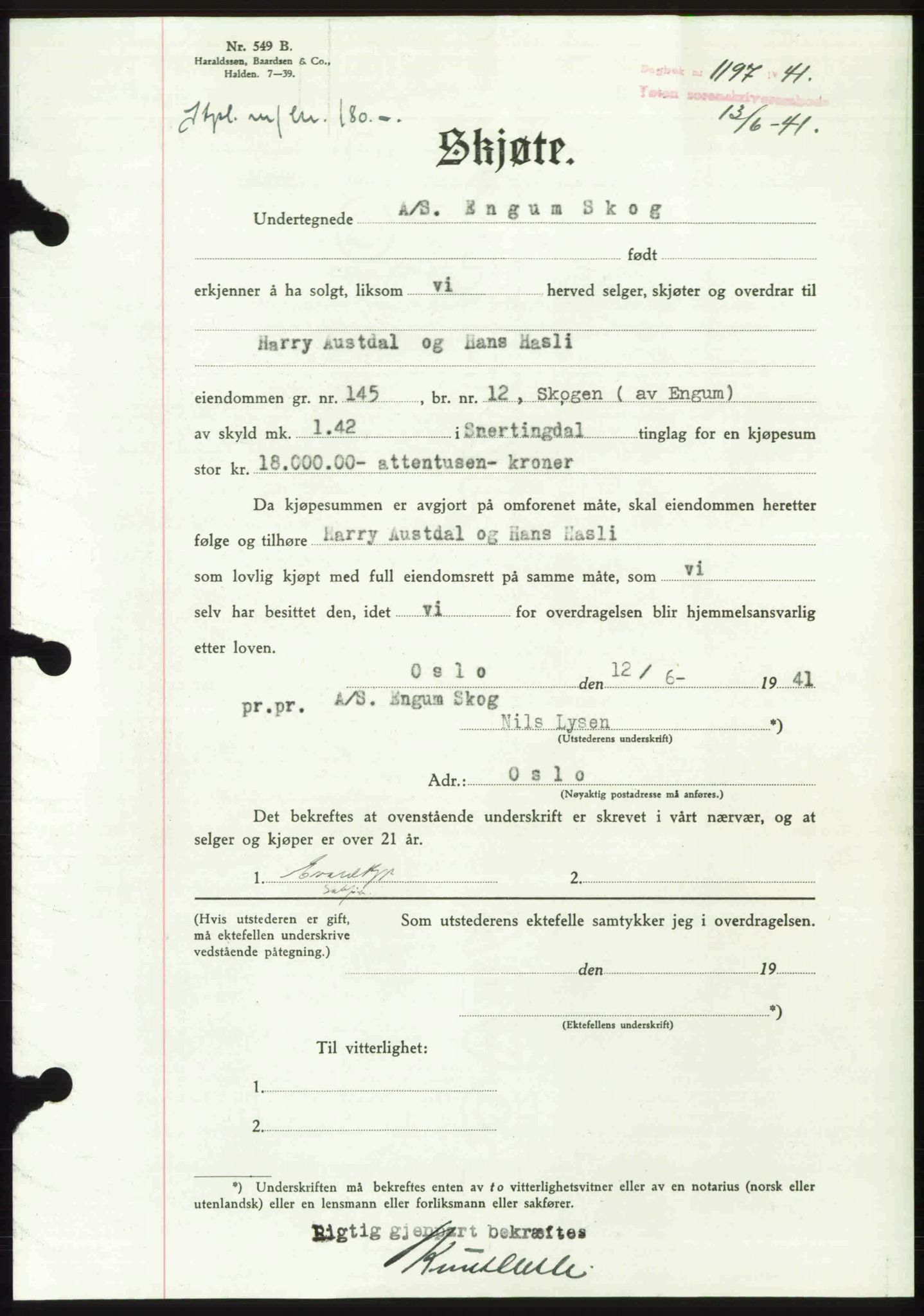 Toten tingrett, AV/SAH-TING-006/H/Hb/Hbc/L0008: Pantebok nr. Hbc-08, 1941-1941, Dagboknr: 1197/1941