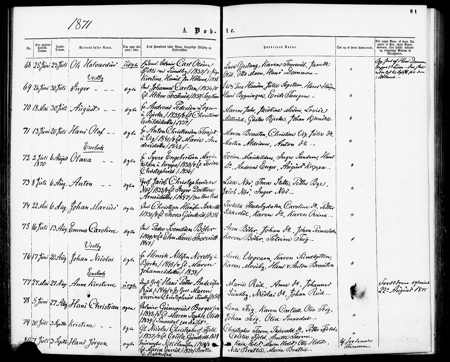 Enebakk prestekontor Kirkebøker, SAO/A-10171c/F/Fa/L0011: Ministerialbok nr. I 11, 1862-1882, s. 91