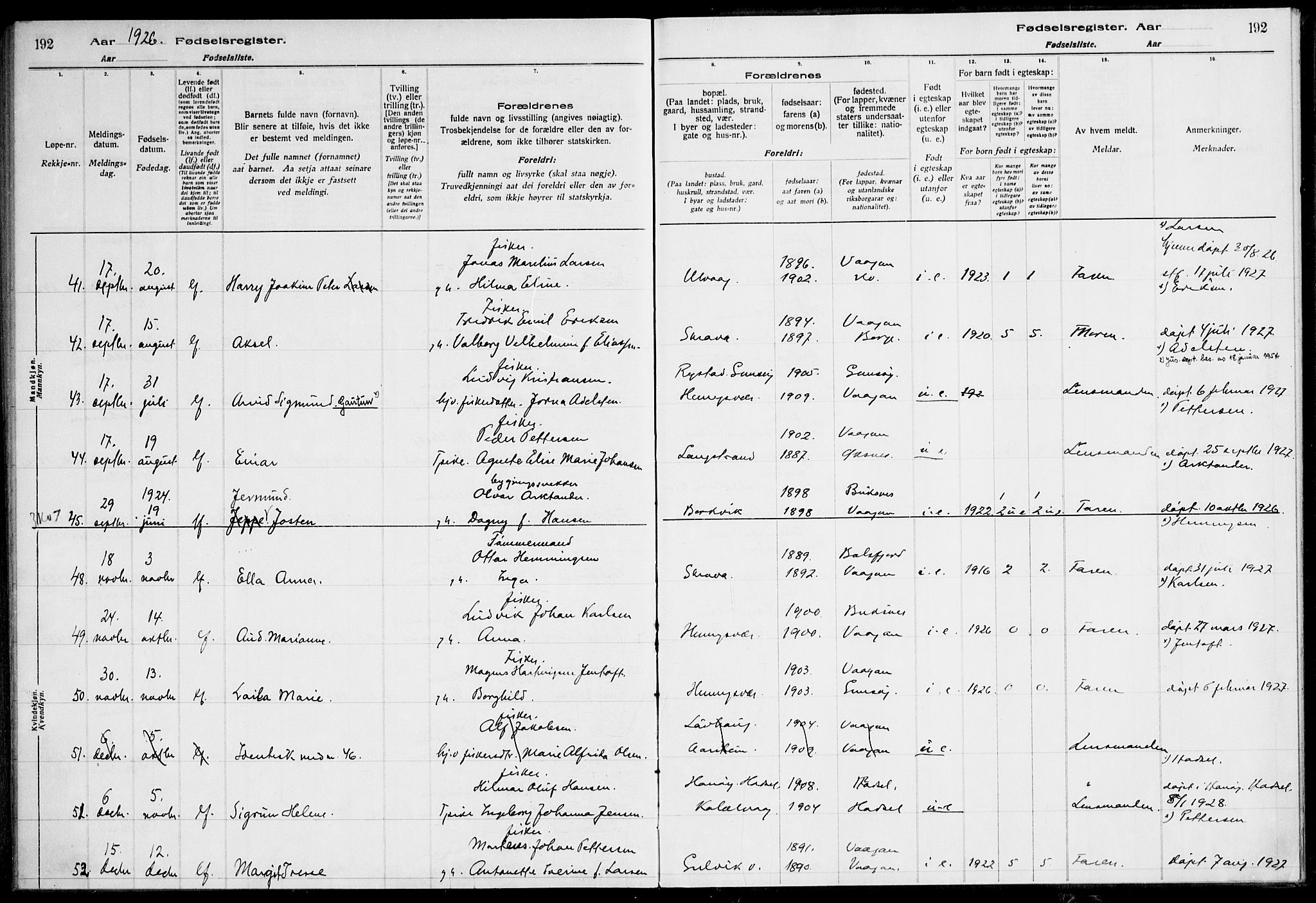 Ministerialprotokoller, klokkerbøker og fødselsregistre - Nordland, AV/SAT-A-1459/874/L1089: Fødselsregister nr. 874.II.4.1, 1916-1926, s. 192