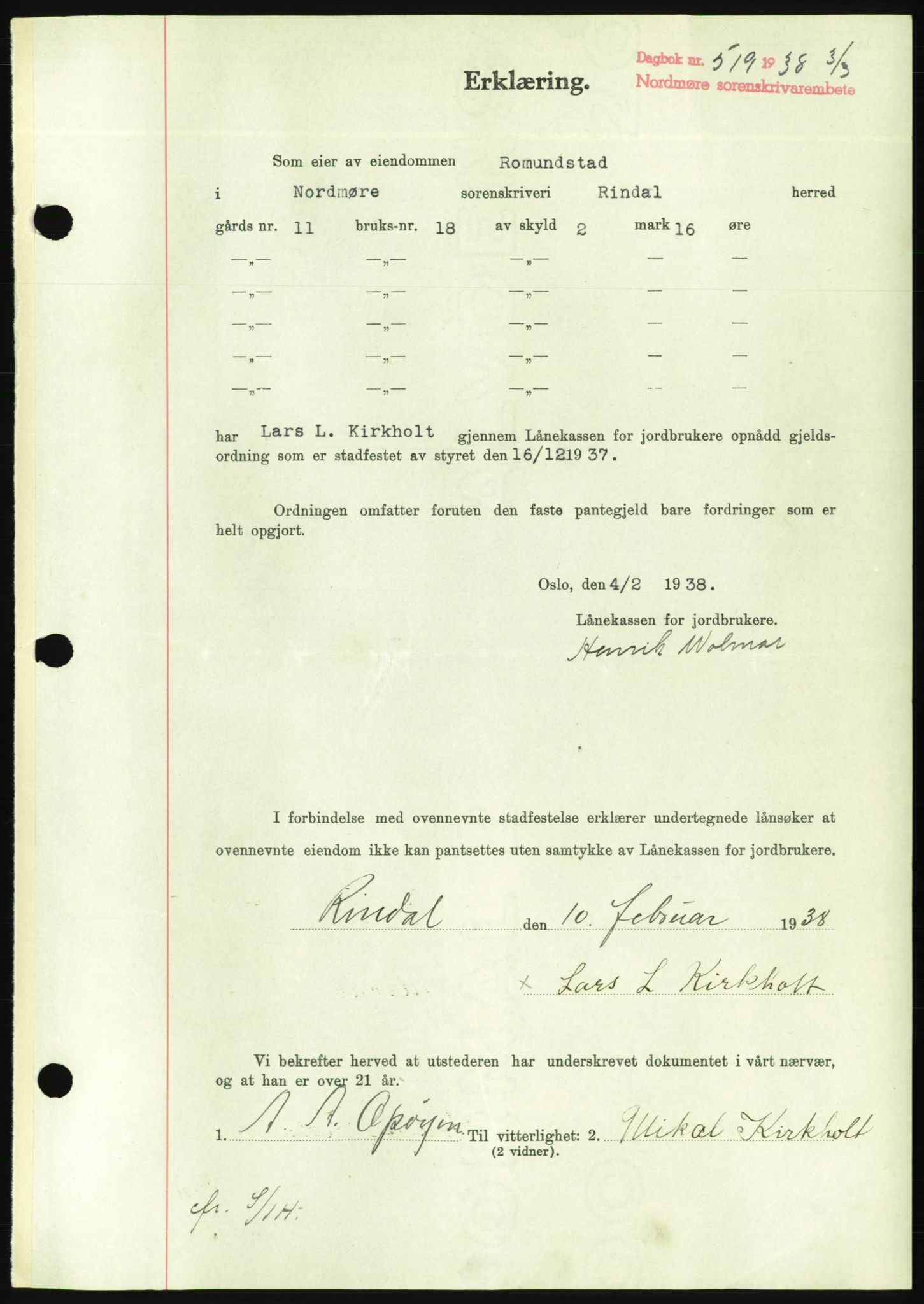 Nordmøre sorenskriveri, AV/SAT-A-4132/1/2/2Ca/L0092: Pantebok nr. B82, 1937-1938, Dagboknr: 519/1938