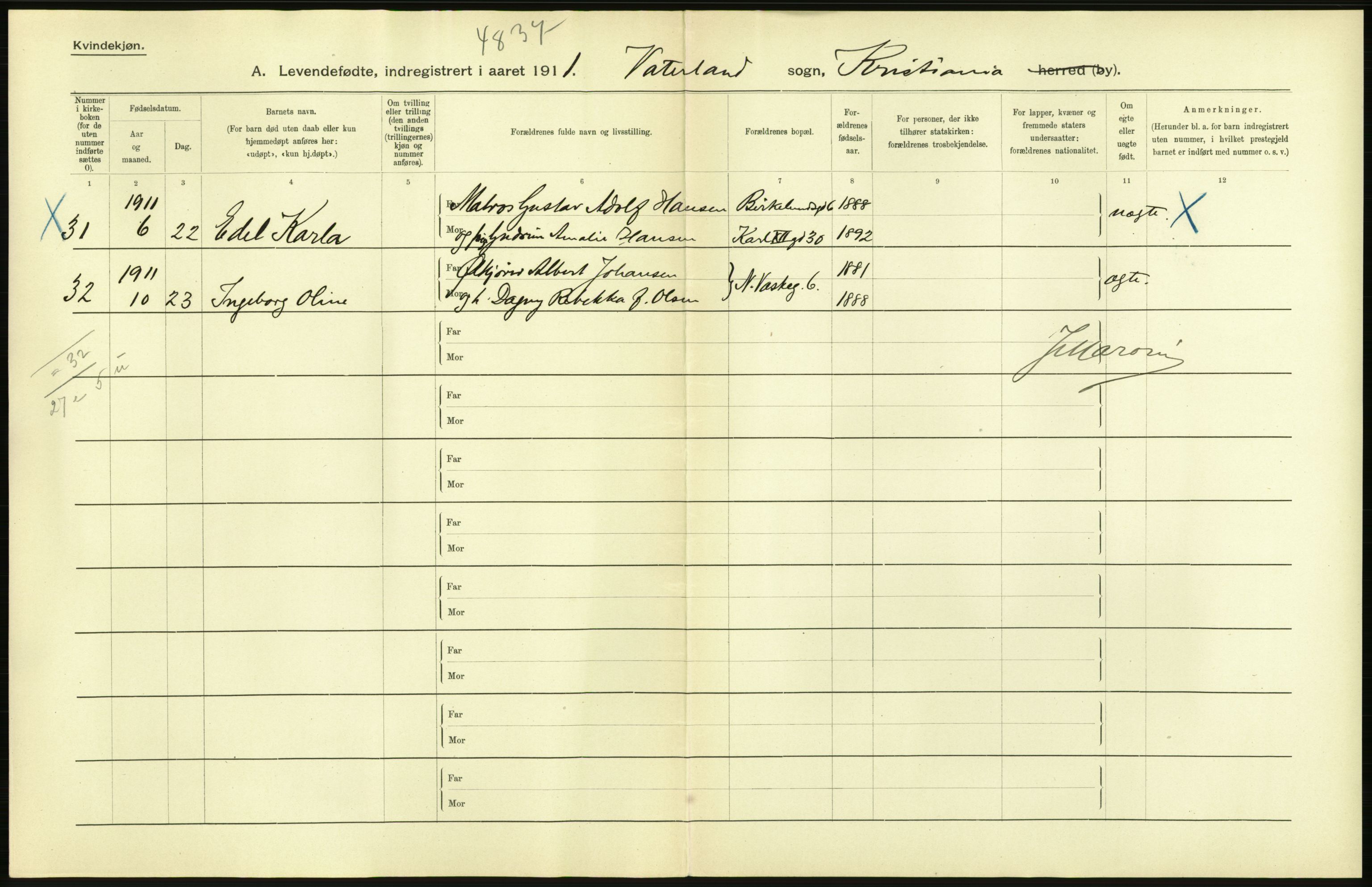 Statistisk sentralbyrå, Sosiodemografiske emner, Befolkning, AV/RA-S-2228/D/Df/Dfb/Dfba/L0007: Kristiania: Levendefødte kvinner., 1911, s. 14