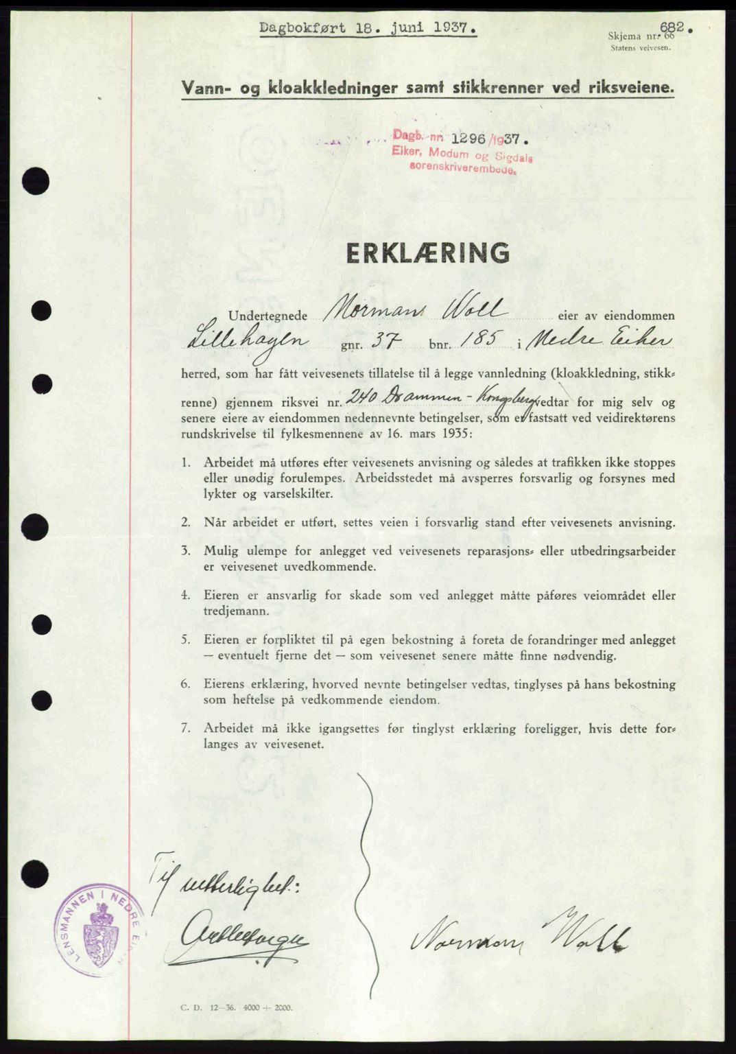 Eiker, Modum og Sigdal sorenskriveri, SAKO/A-123/G/Ga/Gab/L0035: Pantebok nr. A5, 1937-1937, Dagboknr: 1296/1937