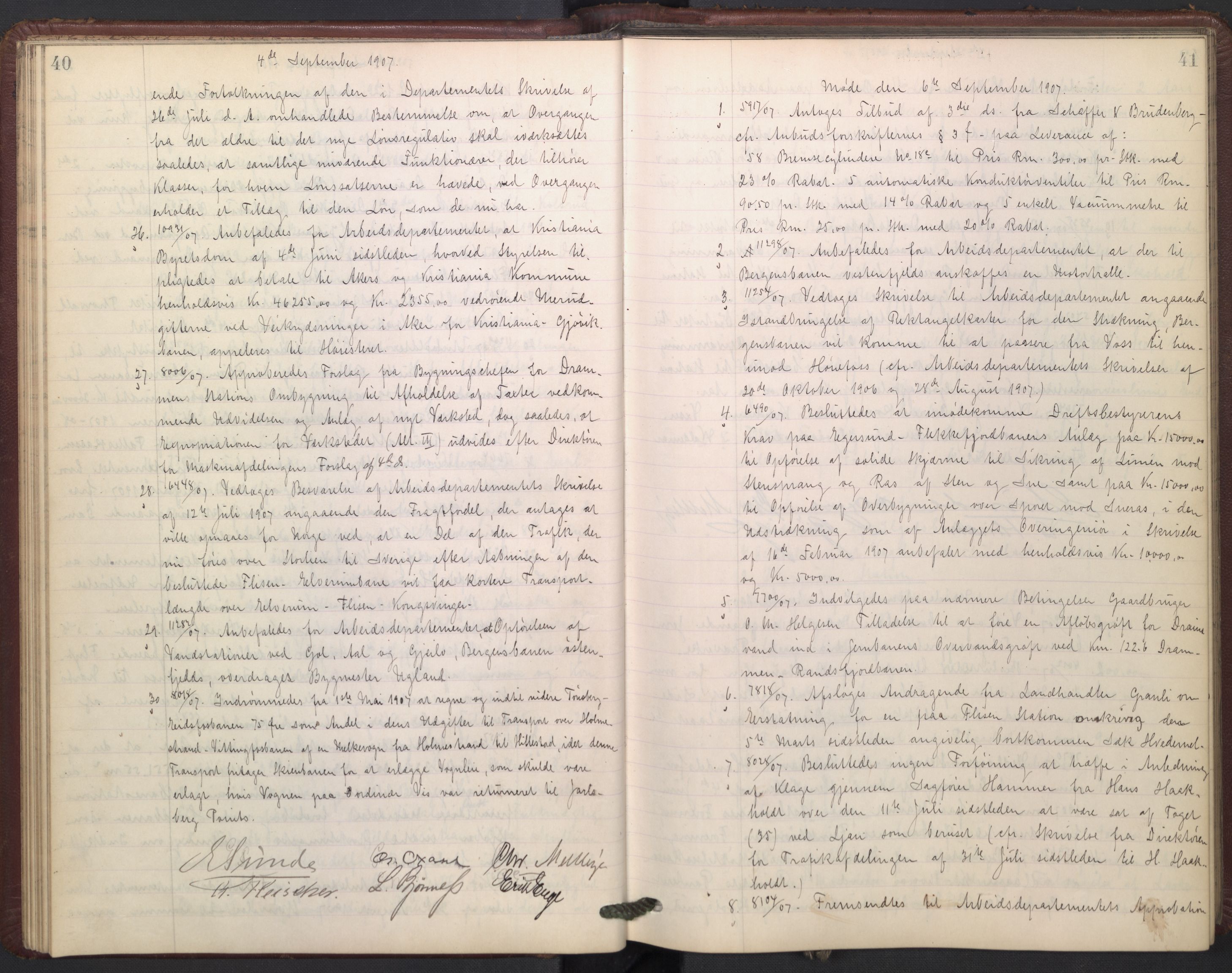 Norges statsbaner, Administrasjons- økonomi- og personalavdelingen, AV/RA-S-3412/A/Aa/L0009: Forhandlingsprotokoll, 1907-1909, s. 40-41