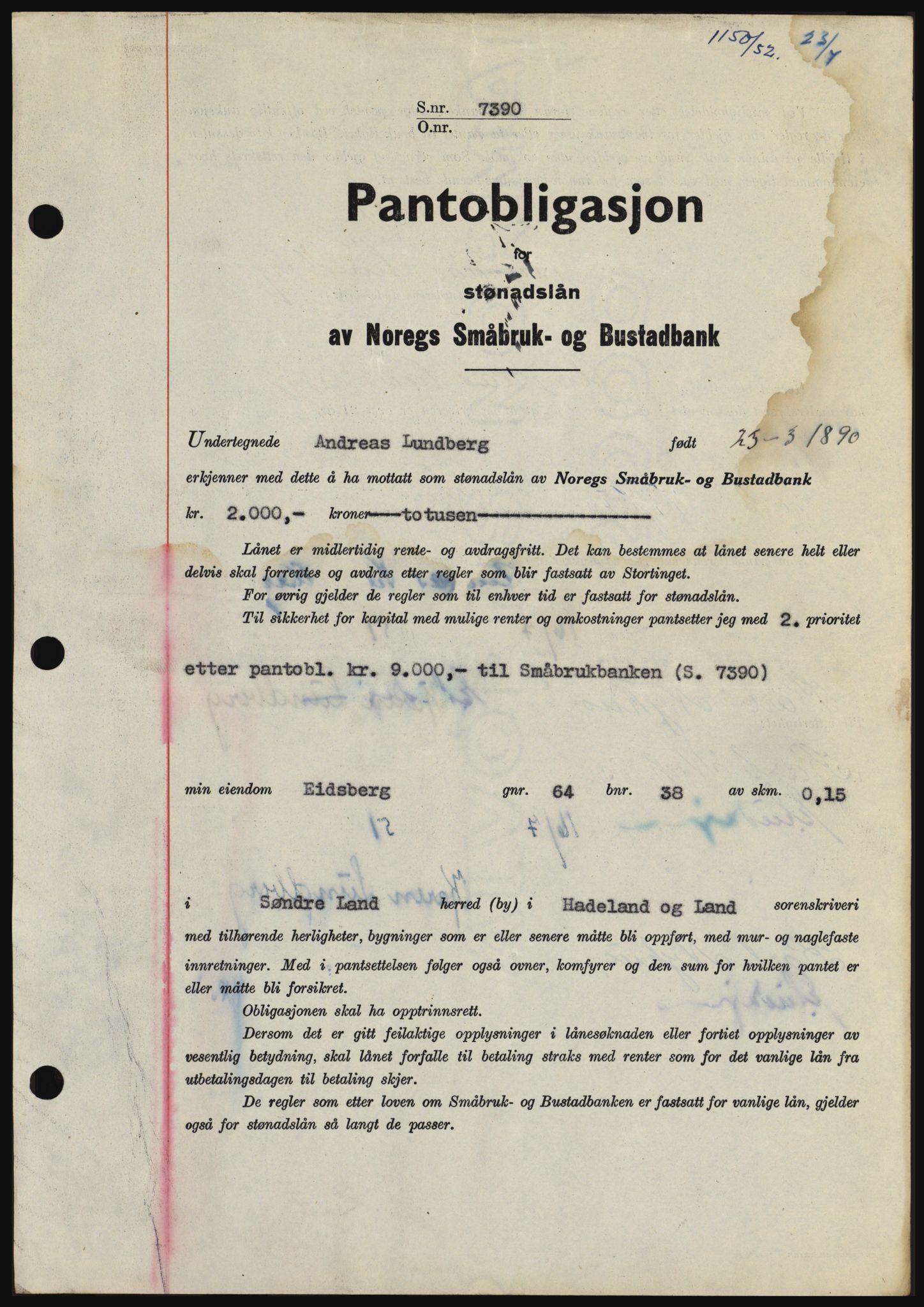 Hadeland og Land tingrett, SAH/TING-010/H/Hb/Hbc/L0023: Pantebok nr. B23, 1952-1952, Dagboknr: 1150/1952