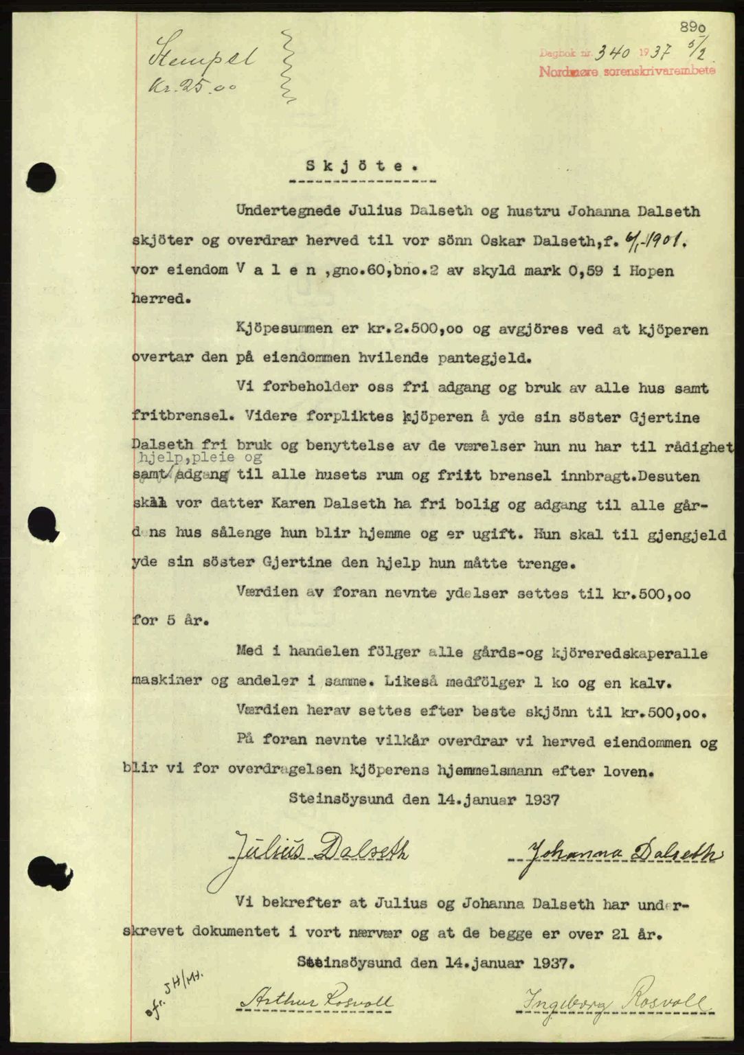 Nordmøre sorenskriveri, SAT/A-4132/1/2/2Ca: Pantebok nr. A80, 1936-1937, Dagboknr: 340/1937