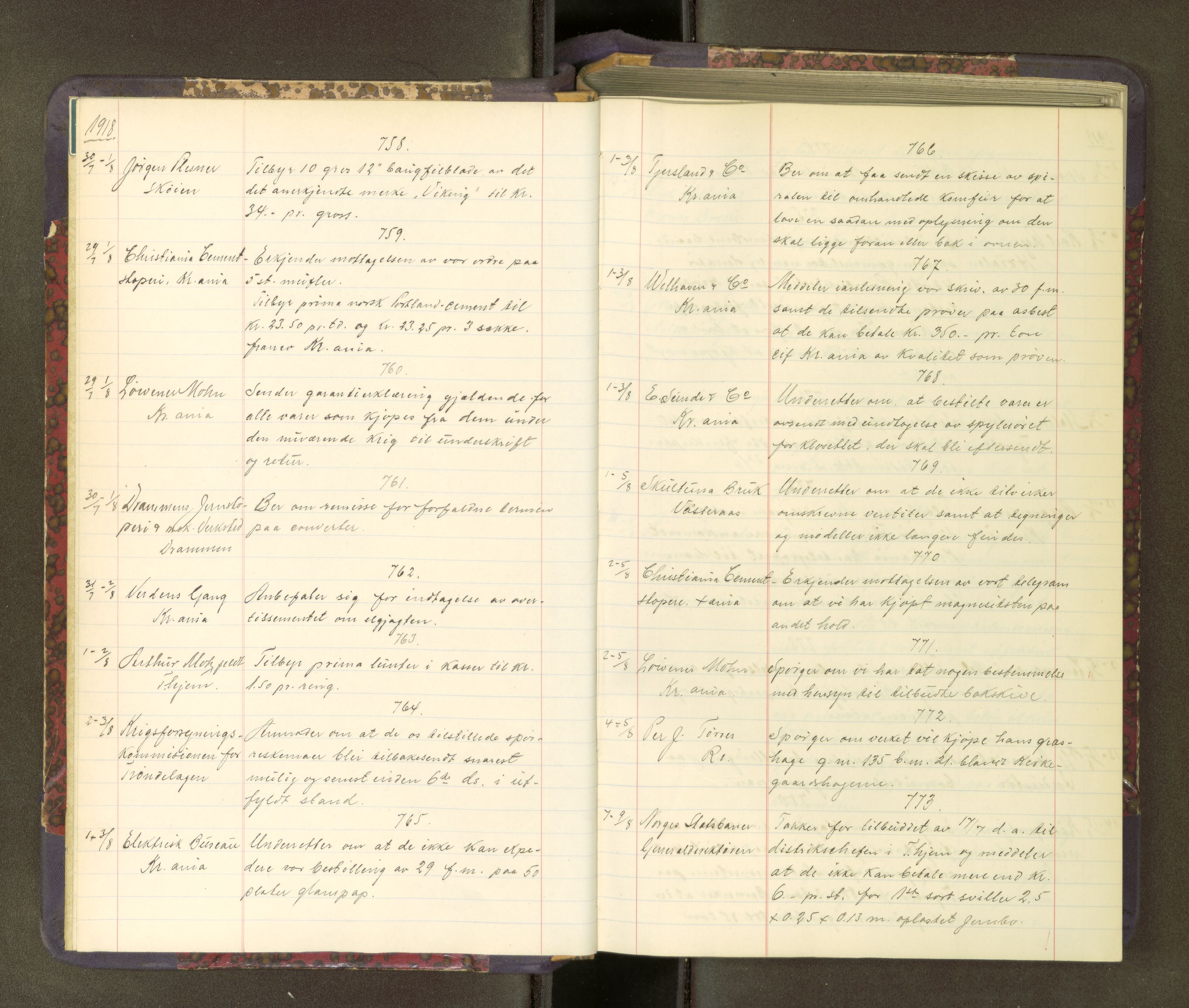 Røros kobberverk, AV/SAT-PA-0211/1/38/L0075: 2.23 Direktørens journal, 1918-1924