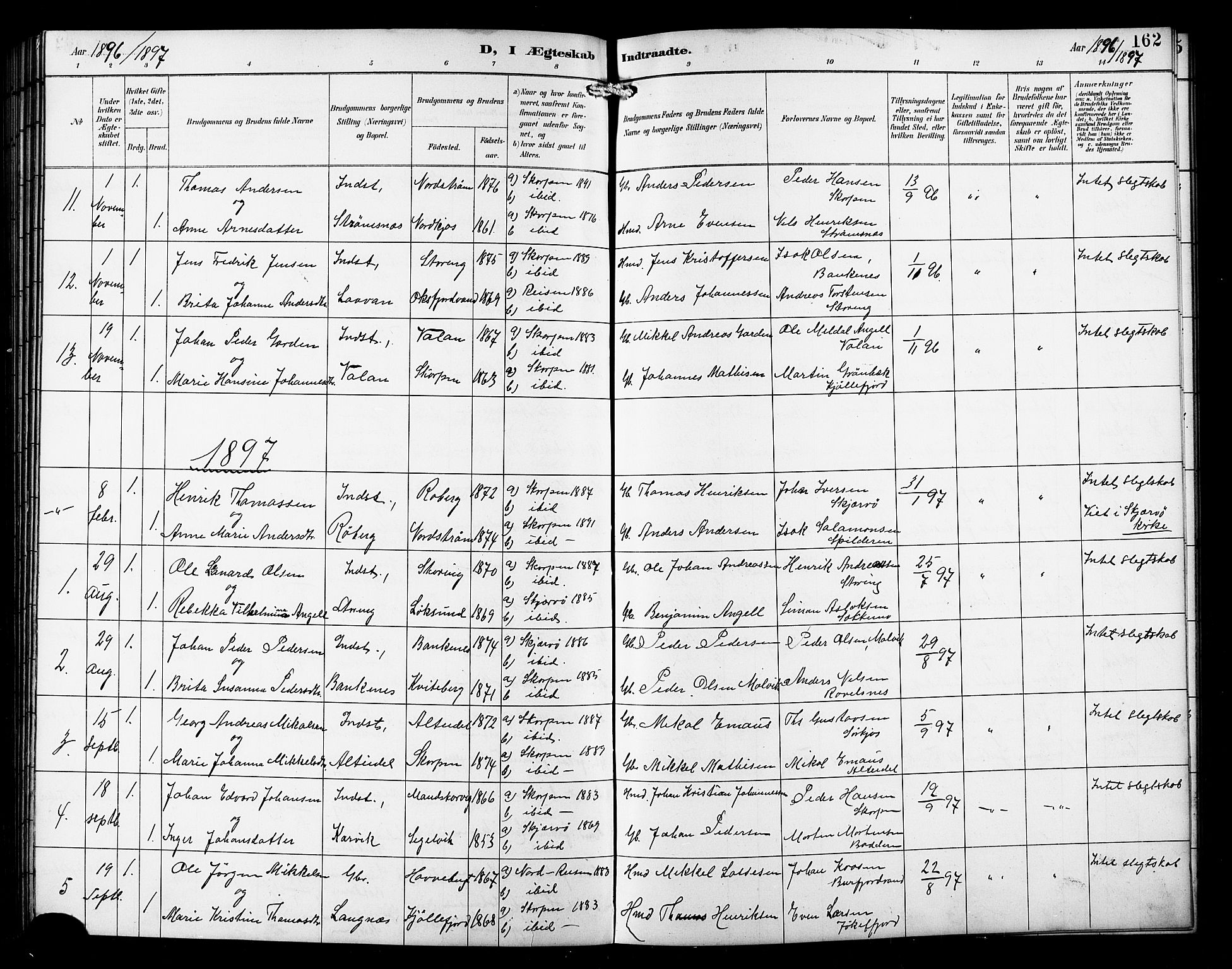 Skjervøy sokneprestkontor, AV/SATØ-S-1300/H/Ha/Hab/L0016klokker: Klokkerbok nr. 16, 1891-1907, s. 162