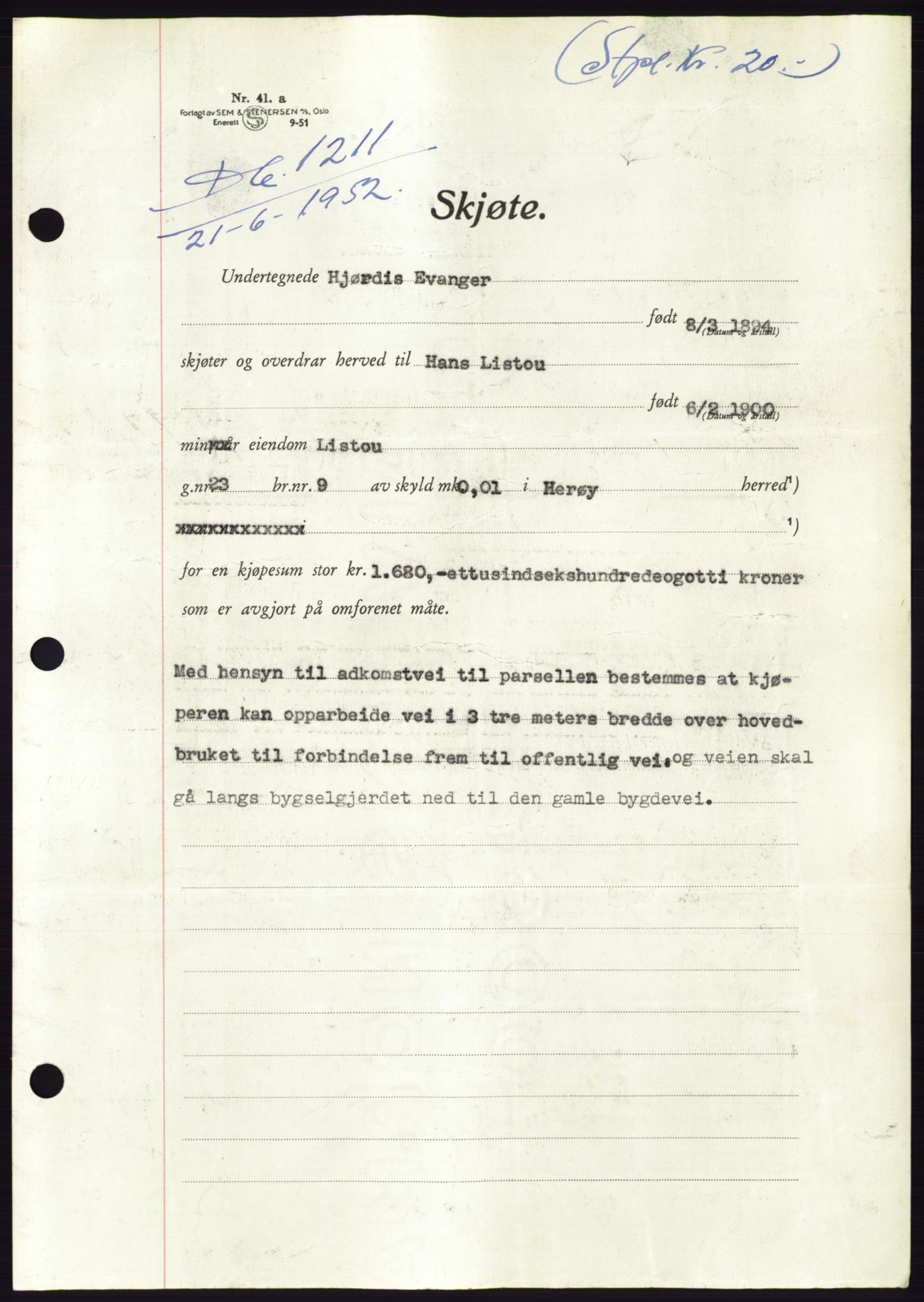 Søre Sunnmøre sorenskriveri, AV/SAT-A-4122/1/2/2C/L0092: Pantebok nr. 18A, 1952-1952, Dagboknr: 1211/1952