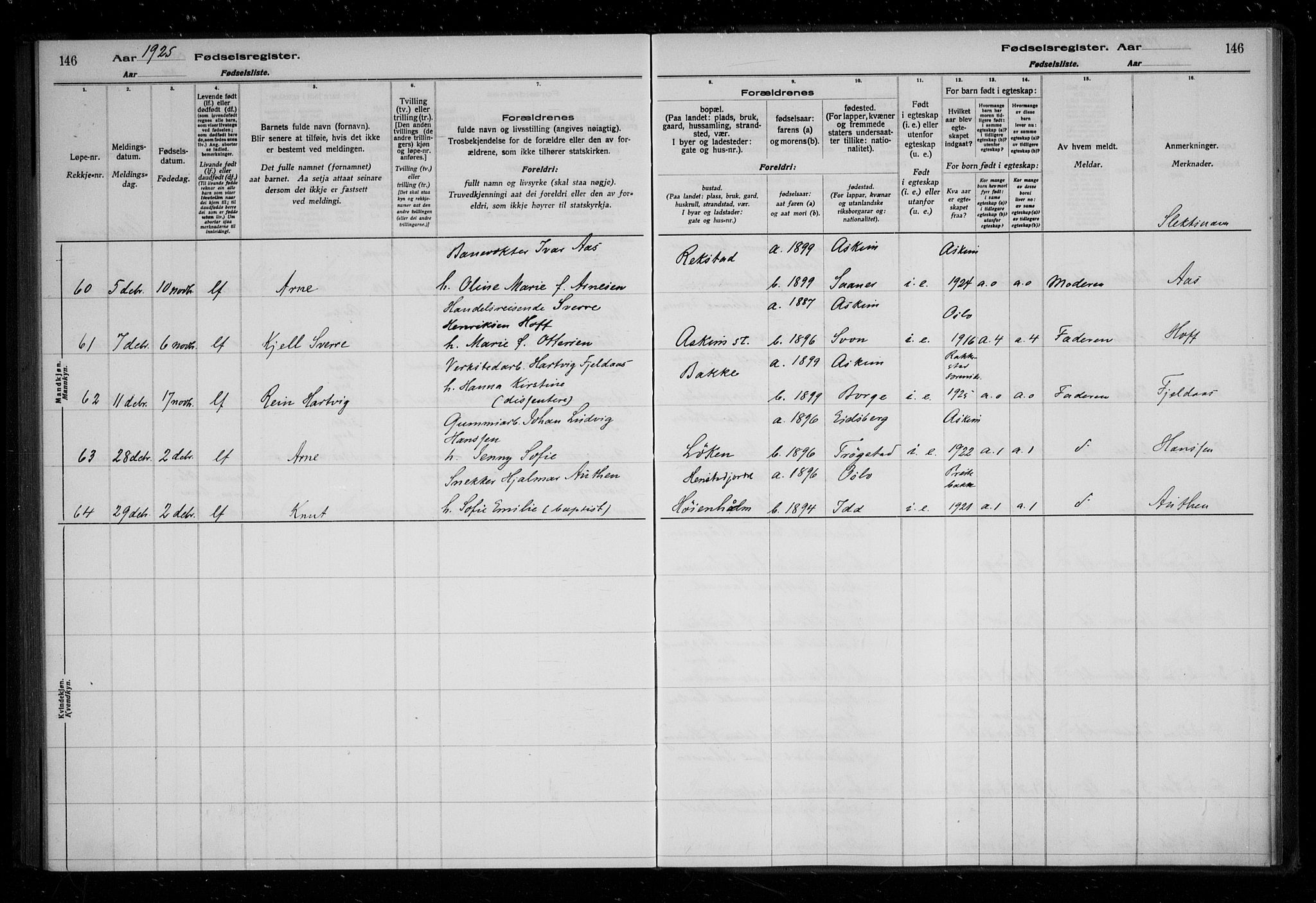 Askim prestekontor Kirkebøker, AV/SAO-A-10900/J/Ja/L0001: Fødselsregister nr. 1, 1916-1929, s. 146