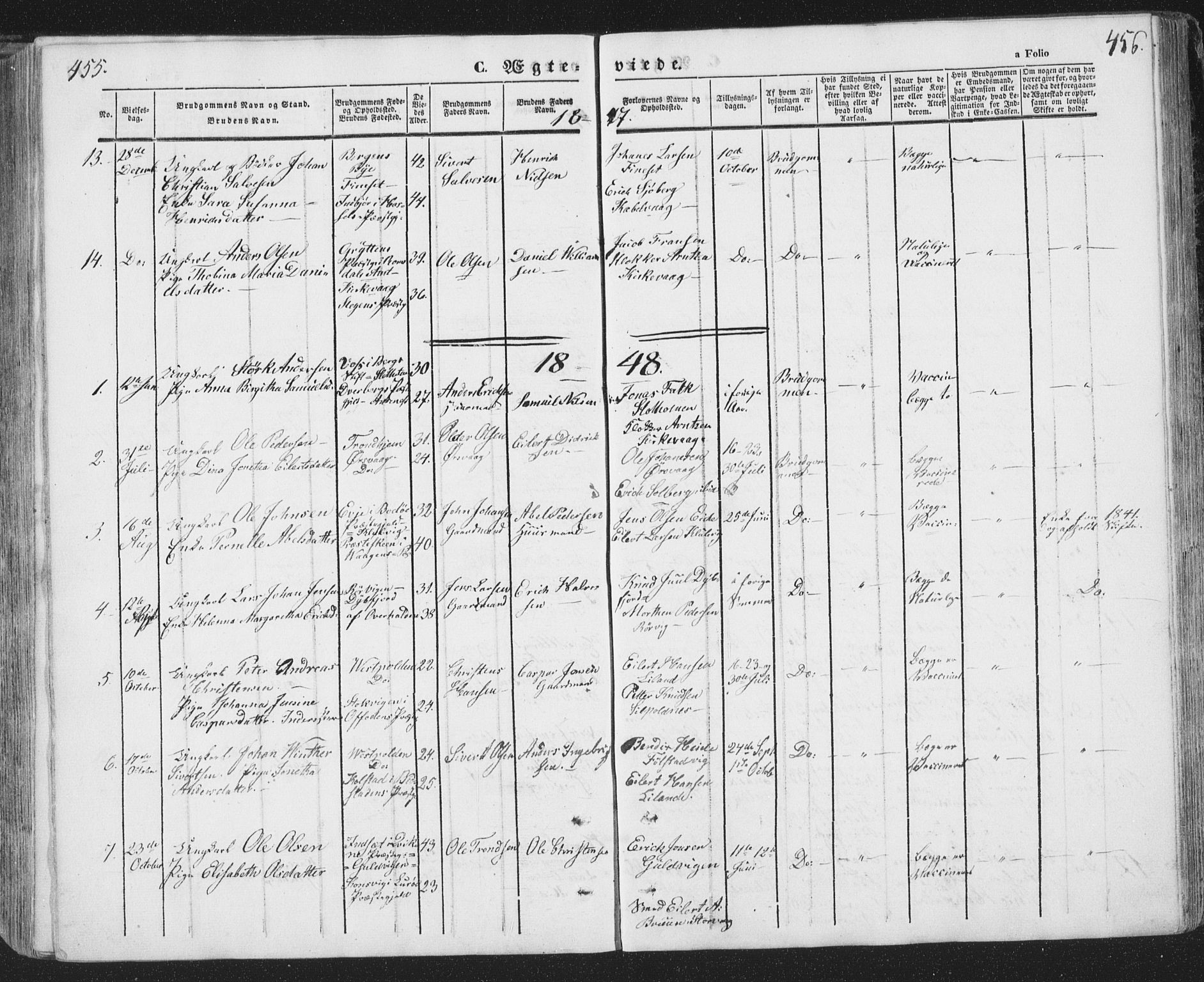 Ministerialprotokoller, klokkerbøker og fødselsregistre - Nordland, AV/SAT-A-1459/874/L1072: Klokkerbok nr. 874C01, 1843-1859, s. 455-456