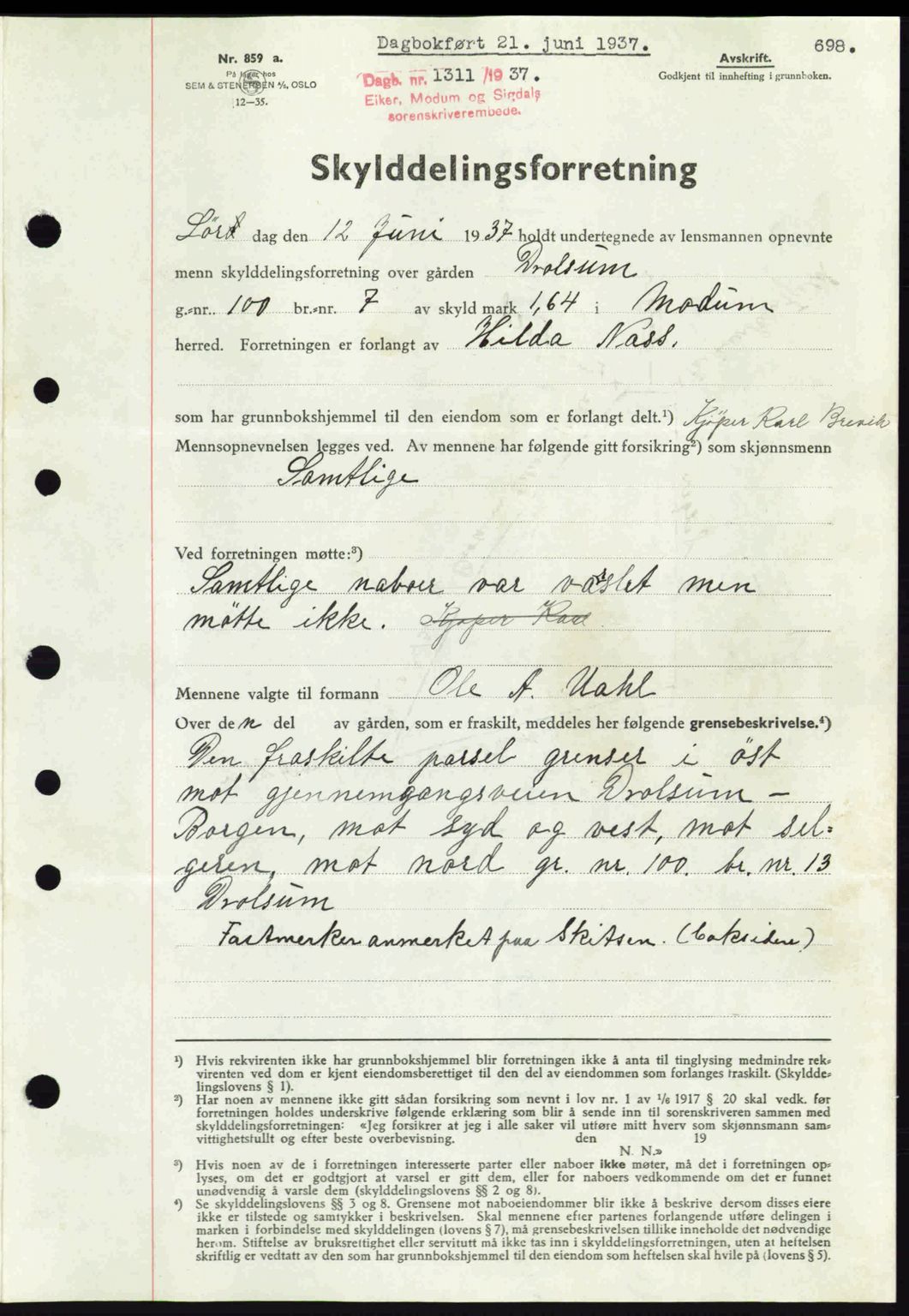 Eiker, Modum og Sigdal sorenskriveri, SAKO/A-123/G/Ga/Gab/L0035: Pantebok nr. A5, 1937-1937, Dagboknr: 1311/1937