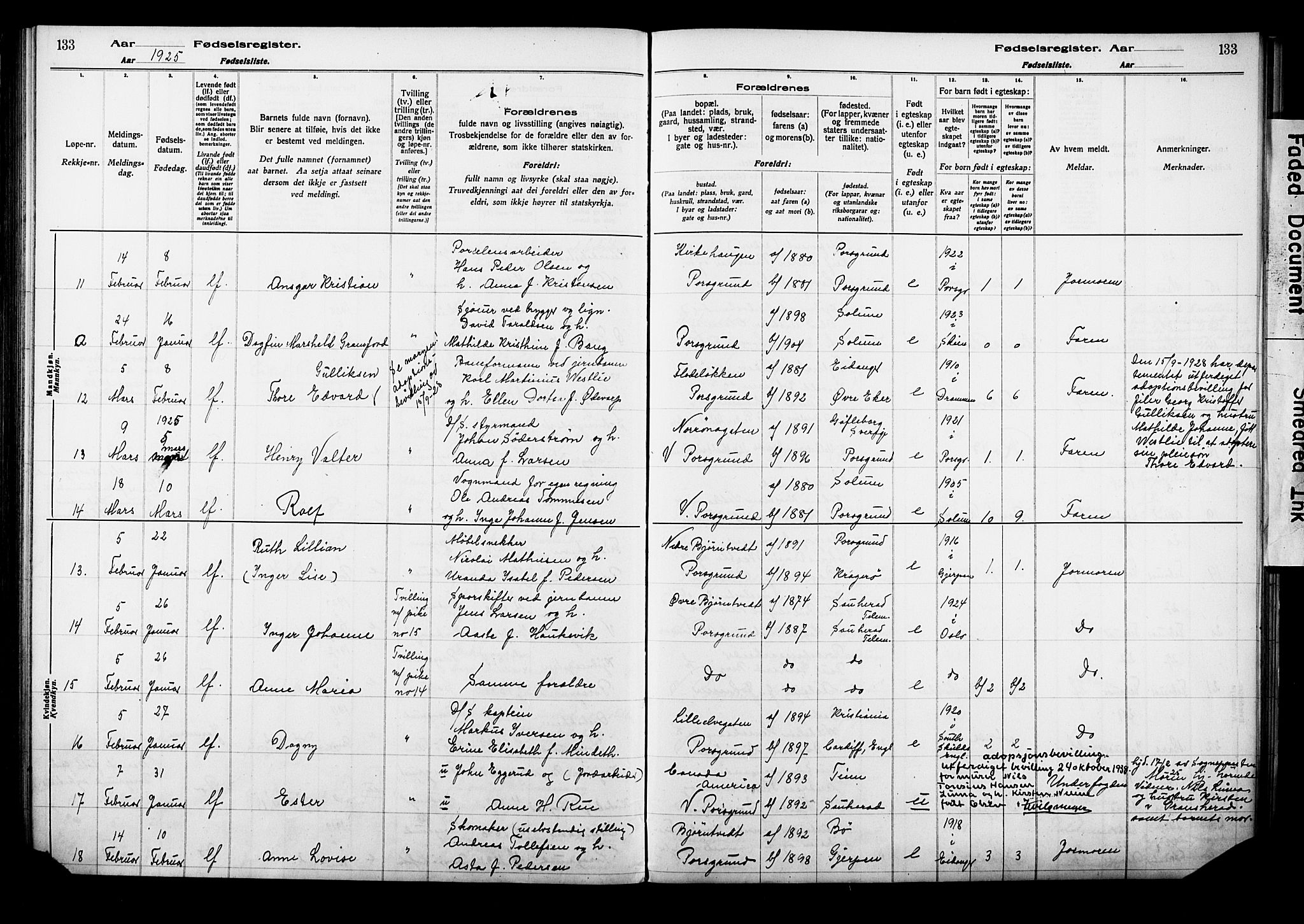 Porsgrunn kirkebøker , SAKO/A-104/J/Ja/L0001: Fødselsregister nr. 1, 1916-1929, s. 133