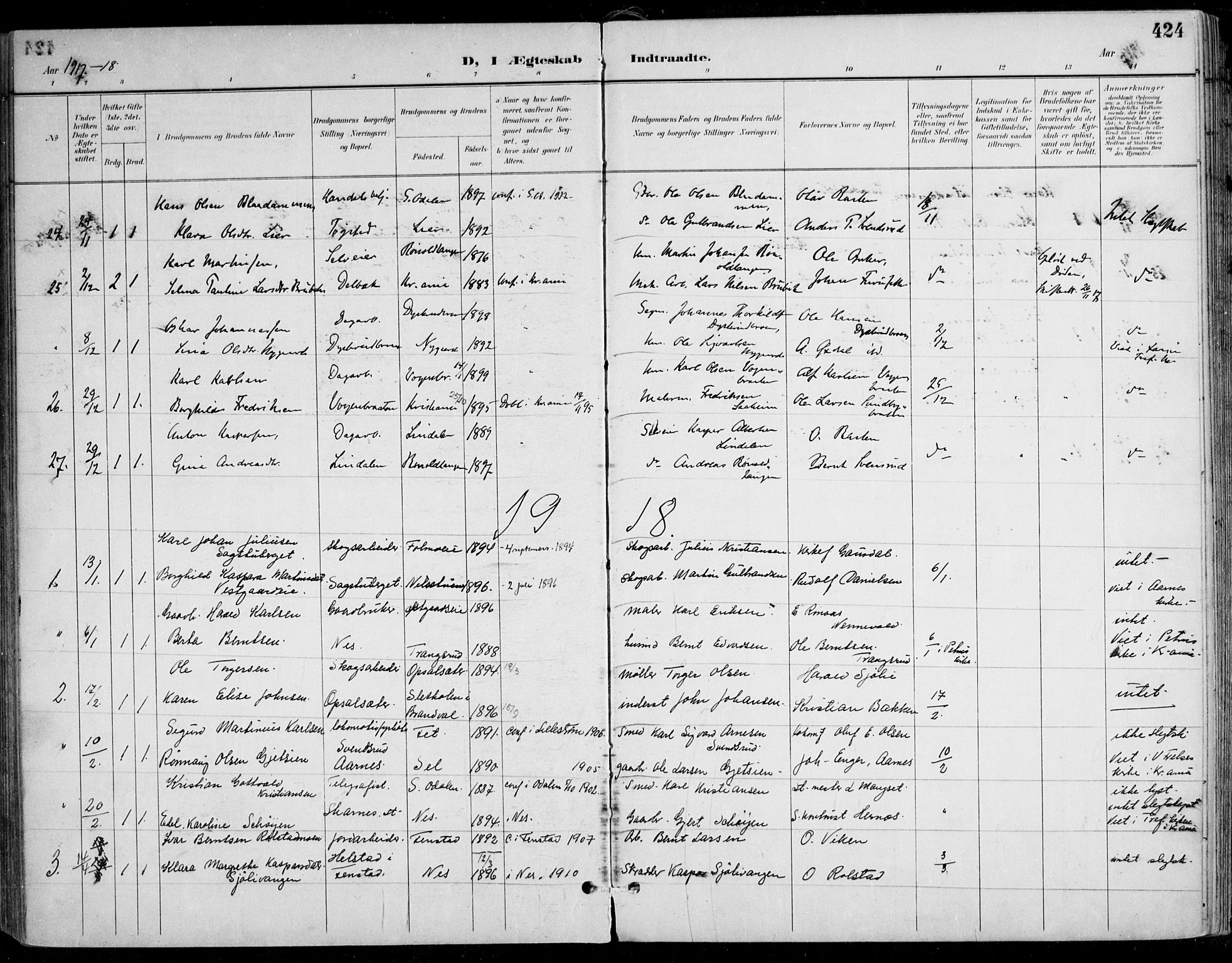 Nes prestekontor Kirkebøker, AV/SAO-A-10410/F/Fa/L0011: Ministerialbok nr. I 11, 1899-1918, s. 424