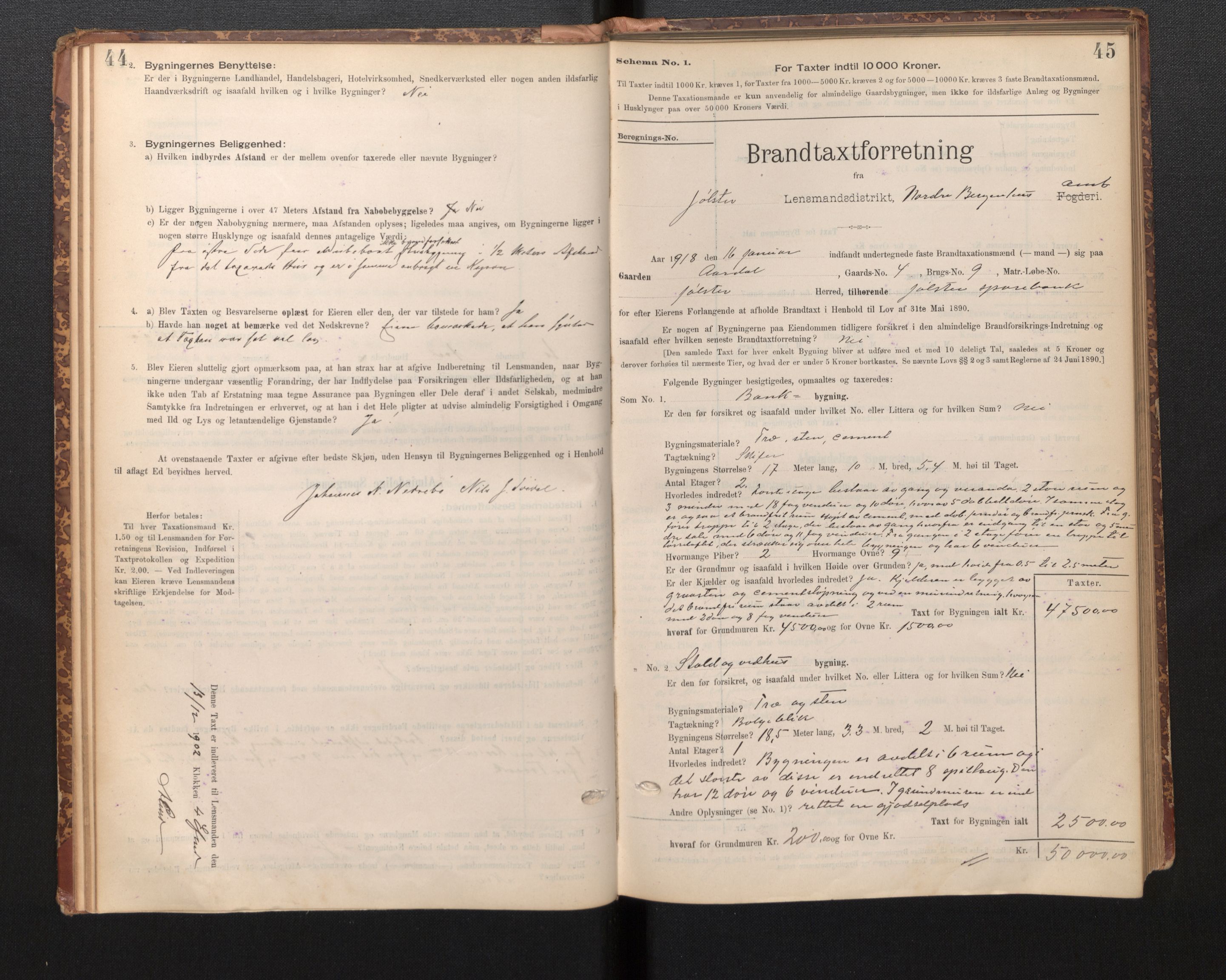Lensmannen i Jølster, SAB/A-28701/0012/L0004: Branntakstprotokoll, skjematakst, 1895-1923, s. 44-45