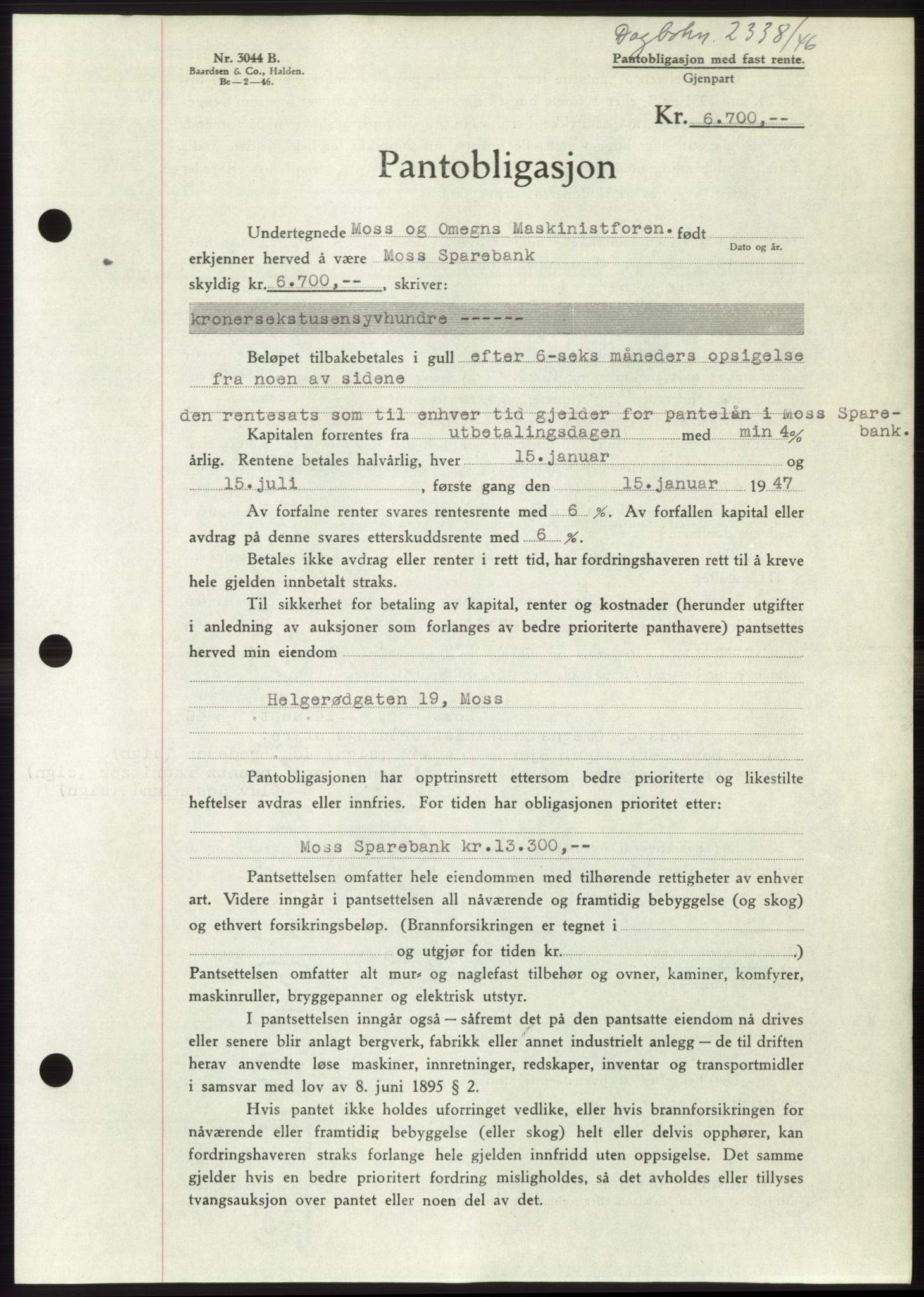 Moss sorenskriveri, SAO/A-10168: Pantebok nr. B16, 1946-1947, Dagboknr: 2338/1946