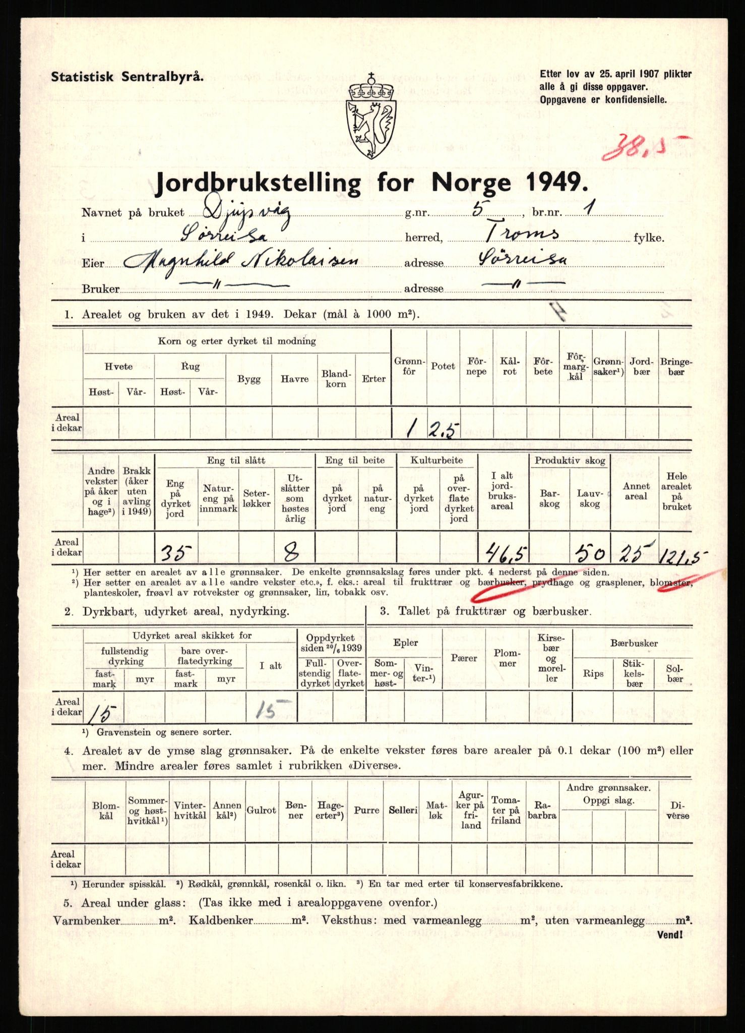 Statistisk sentralbyrå, Næringsøkonomiske emner, Jordbruk, skogbruk, jakt, fiske og fangst, AV/RA-S-2234/G/Gc/L0440: Troms: Sørreisa og Dyrøy, 1949, s. 511