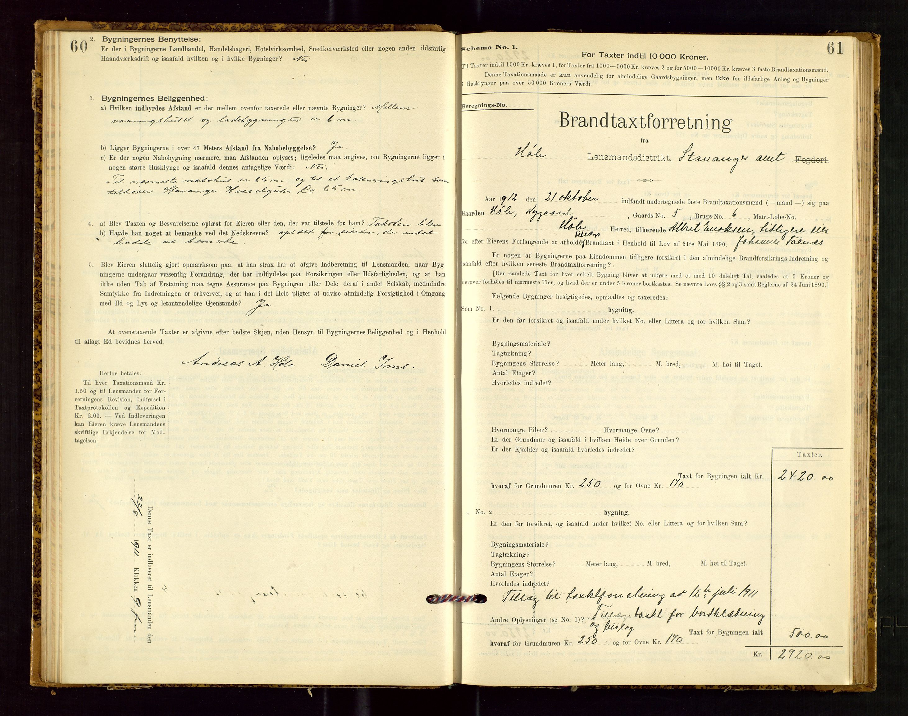 Høle og Forsand lensmannskontor, SAST/A-100127/Gob/L0001: "Brandtaxtprotokol" - skjematakst, 1897-1940, s. 60-61