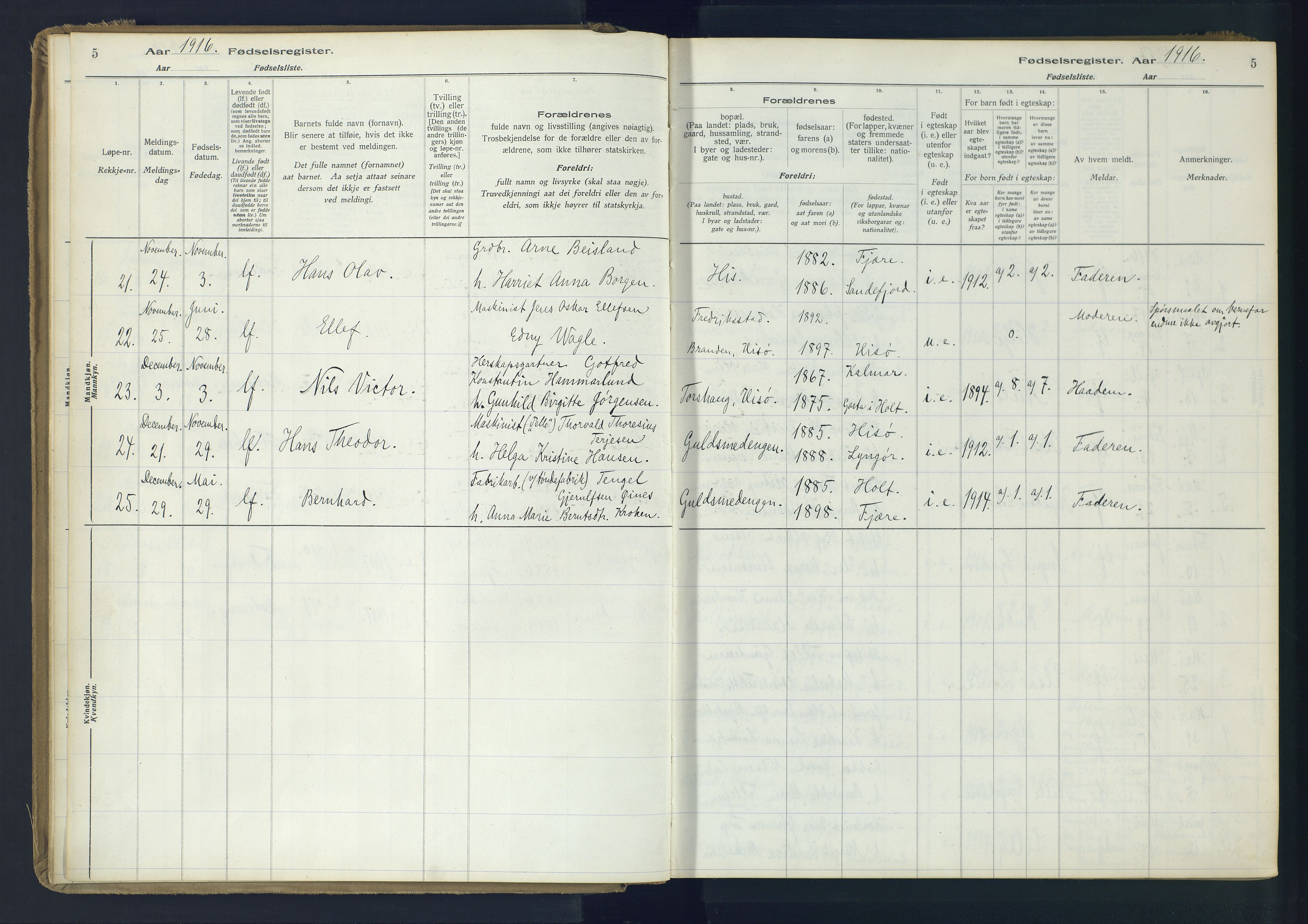 Hisøy sokneprestkontor, AV/SAK-1111-0020/J/Ja/L0001: Fødselsregister nr. A-VI-14, 1916-1951, s. 5