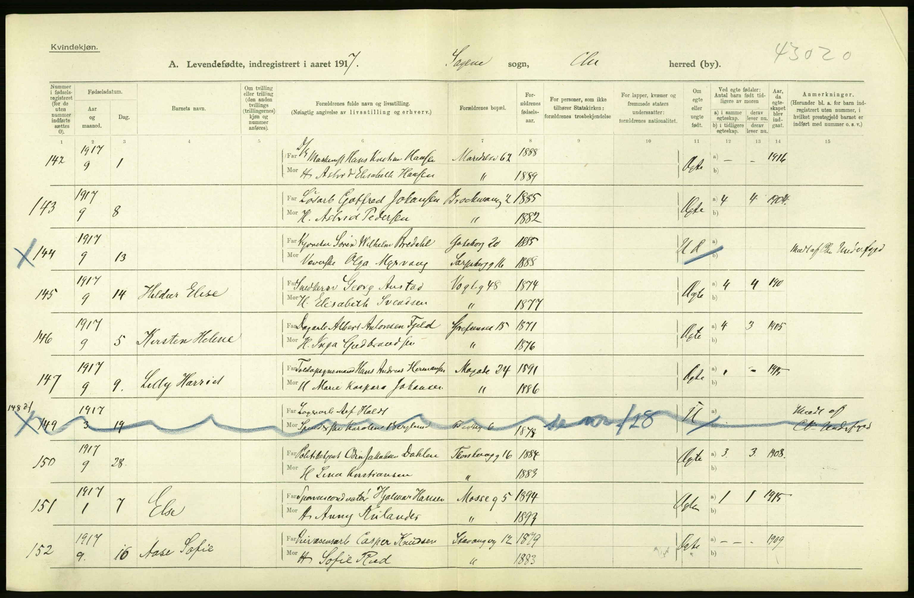 Statistisk sentralbyrå, Sosiodemografiske emner, Befolkning, AV/RA-S-2228/D/Df/Dfb/Dfbg/L0007: Kristiania: Levendefødte menn og kvinner., 1917, s. 170
