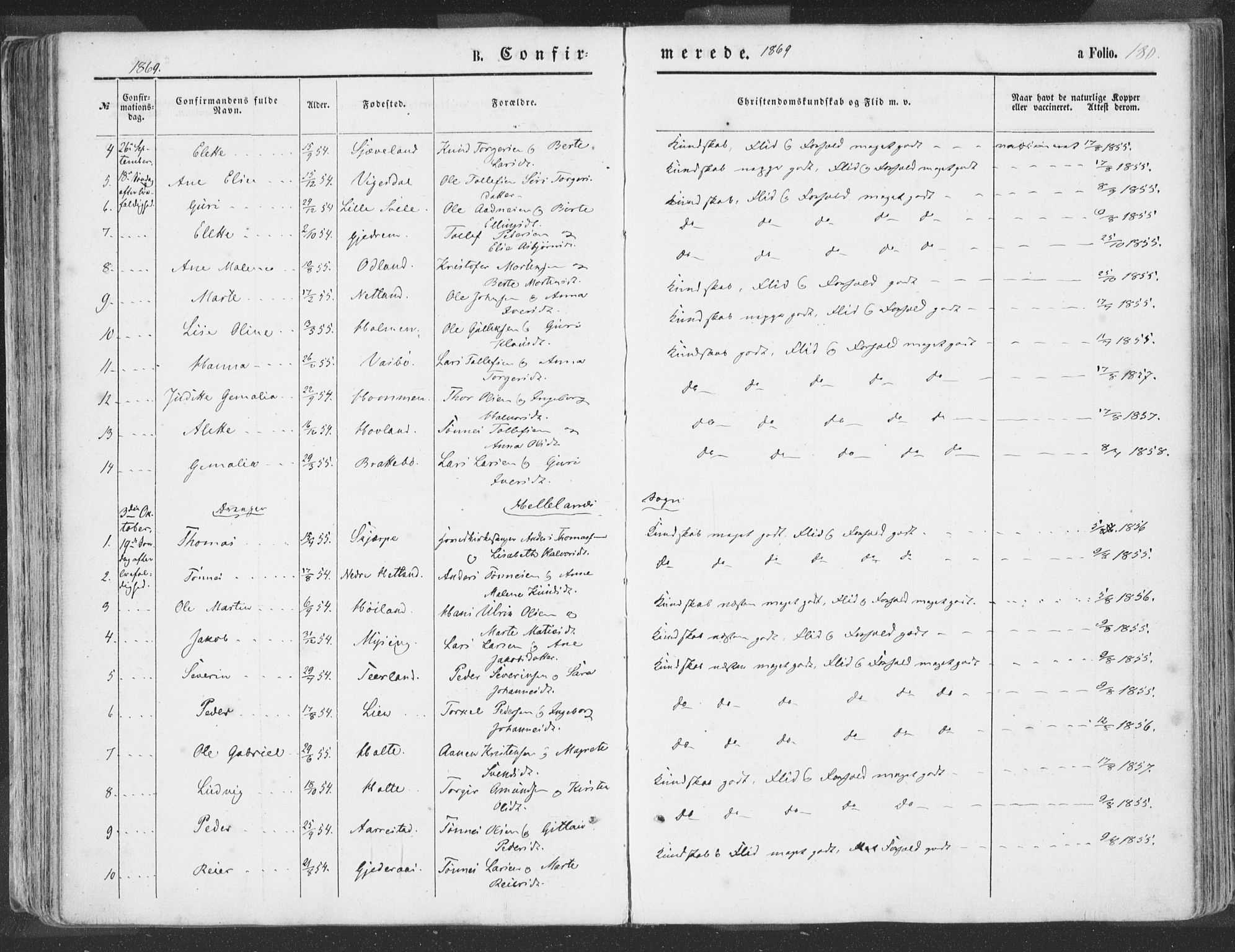Helleland sokneprestkontor, SAST/A-101810: Ministerialbok nr. A 7.1, 1863-1886, s. 180