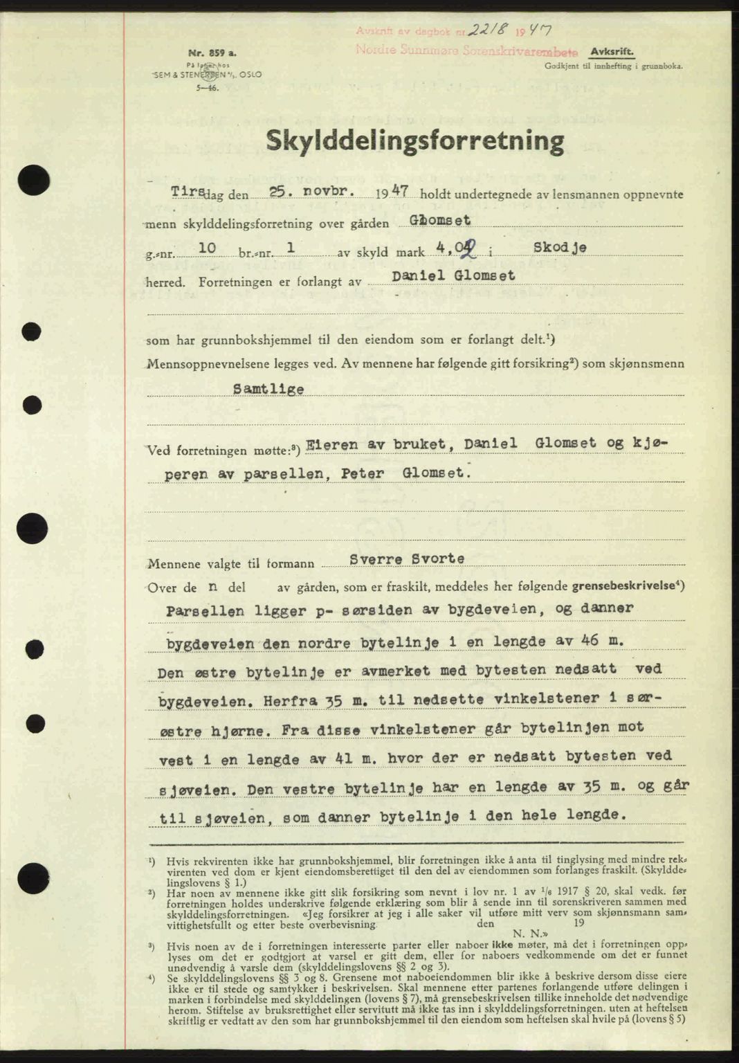 Nordre Sunnmøre sorenskriveri, AV/SAT-A-0006/1/2/2C/2Ca: Pantebok nr. A26, 1947-1948, Dagboknr: 2218/1947